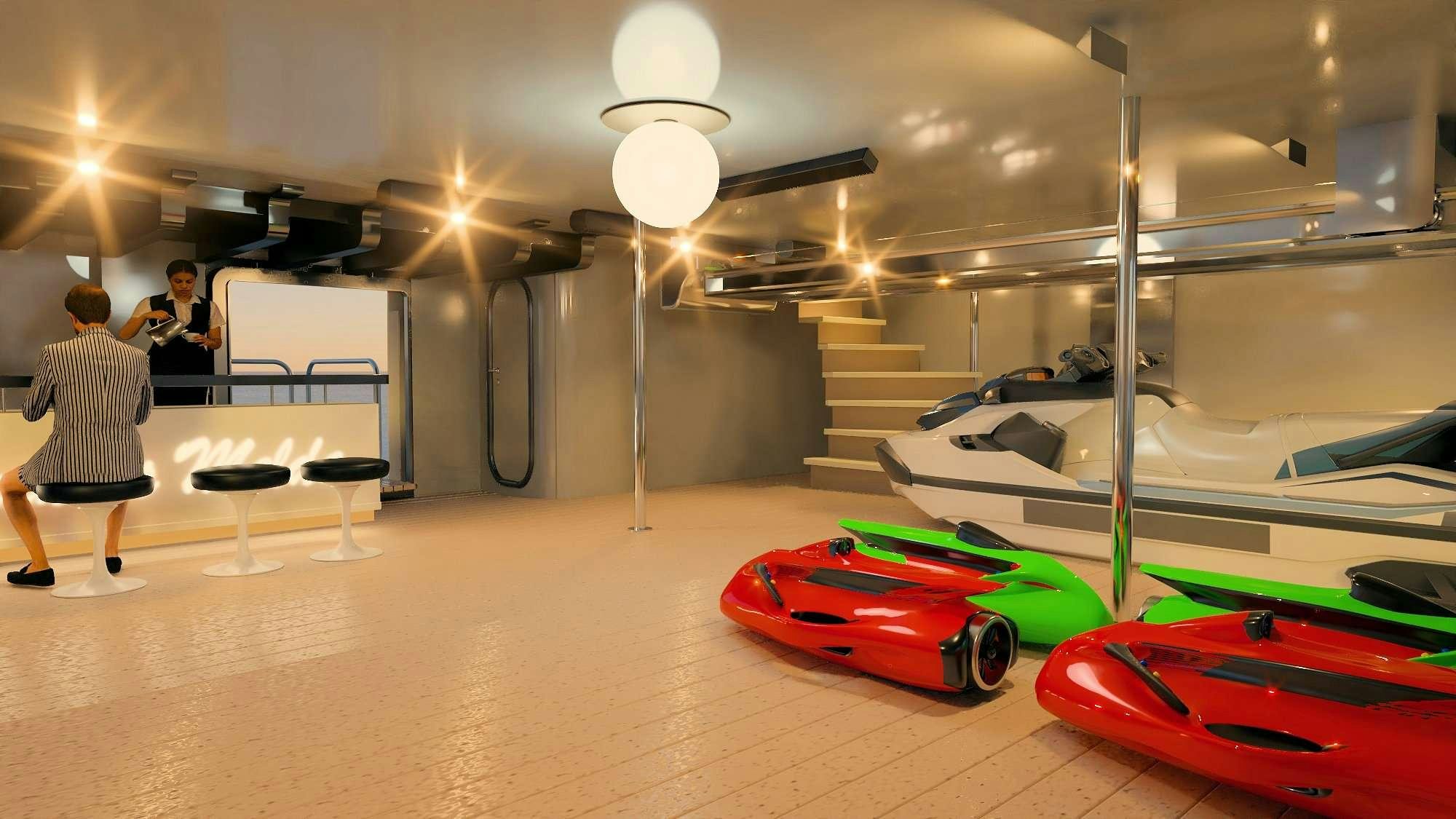 a person standing next to a race car aboard PRINCESS MELDA Yacht for Charter