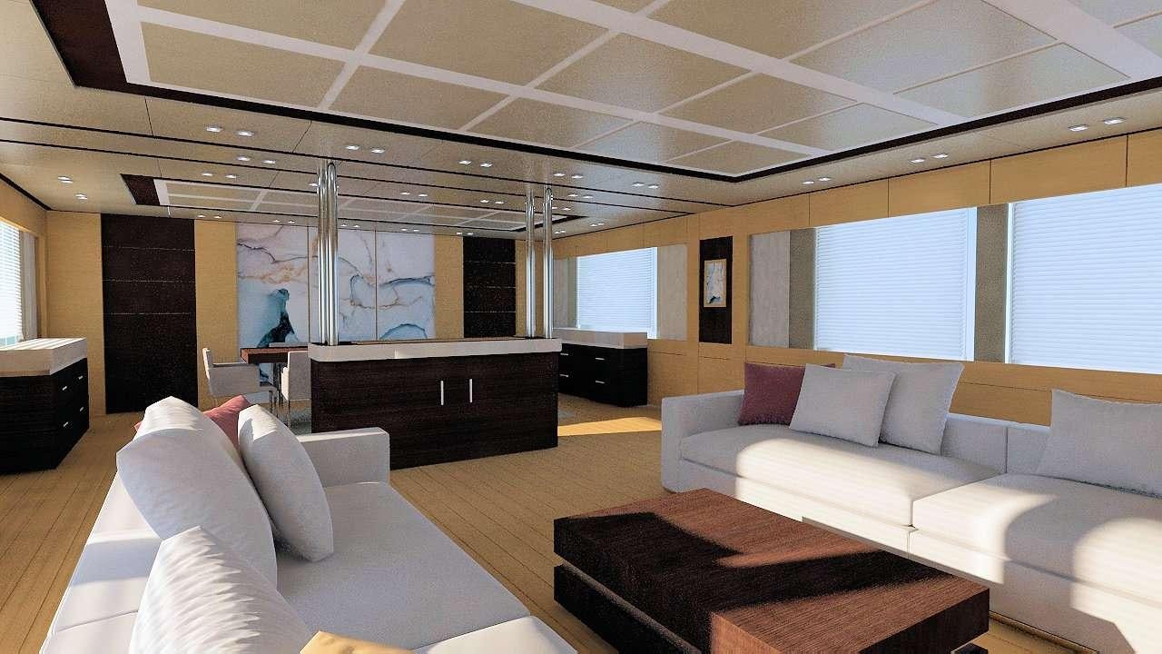 a large living room with a piano aboard PRINCESS MELDA Yacht for Charter