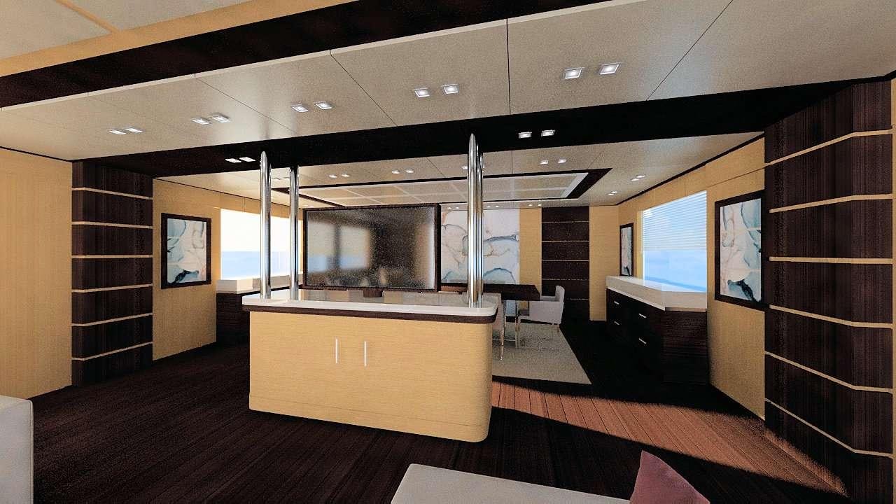 a room with a wood floor and a large screen aboard PRINCESS MELDA Yacht for Charter