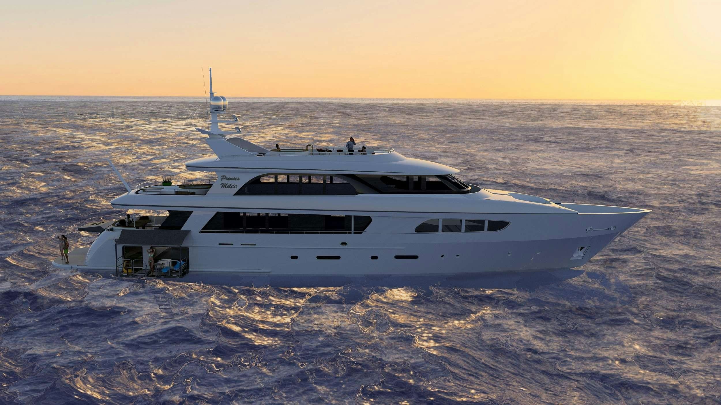 a white yacht in the water aboard PRINCESS MELDA Yacht for Charter