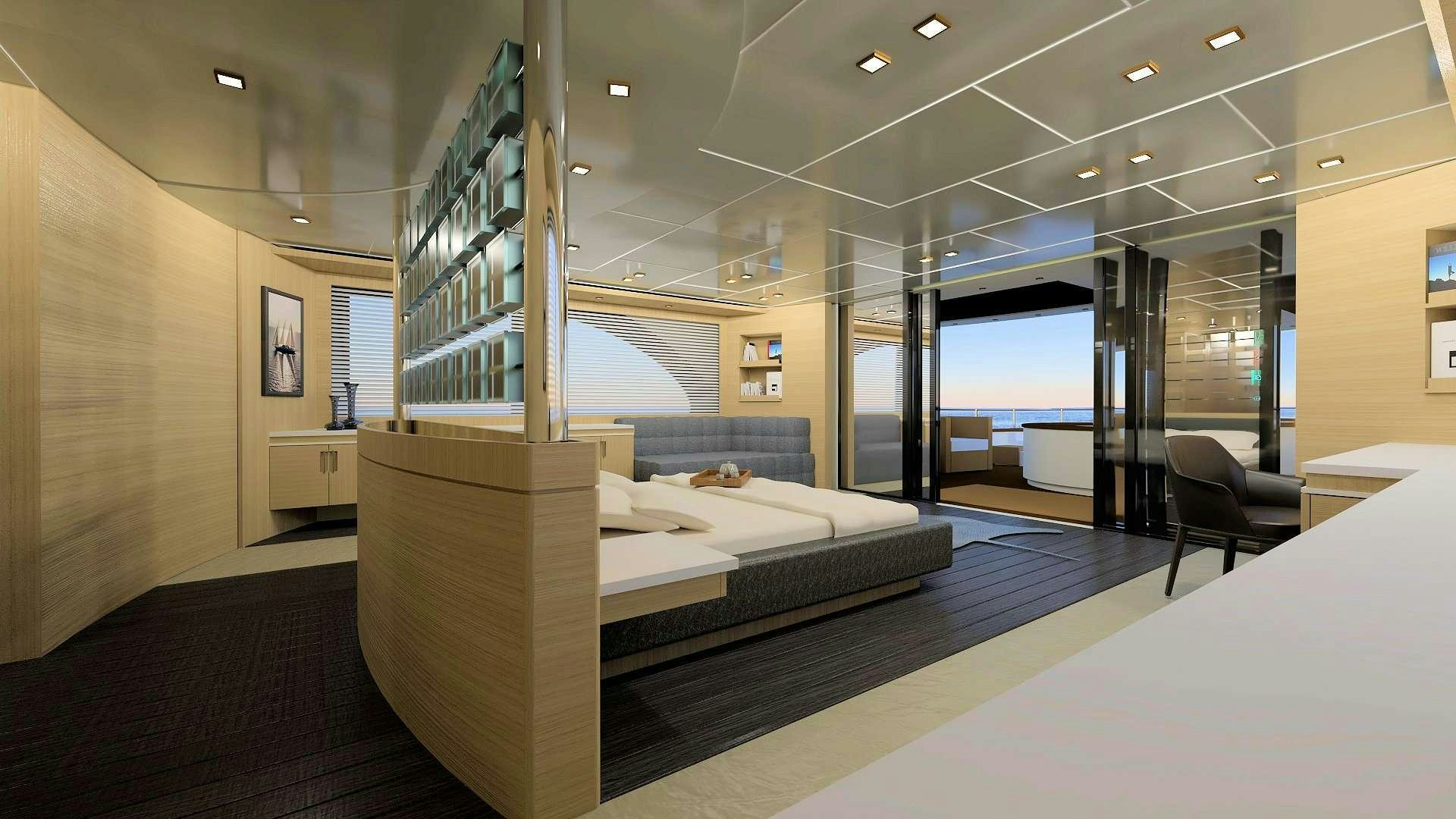 a room with a bed and a chair aboard PRINCESS MELDA Yacht for Charter