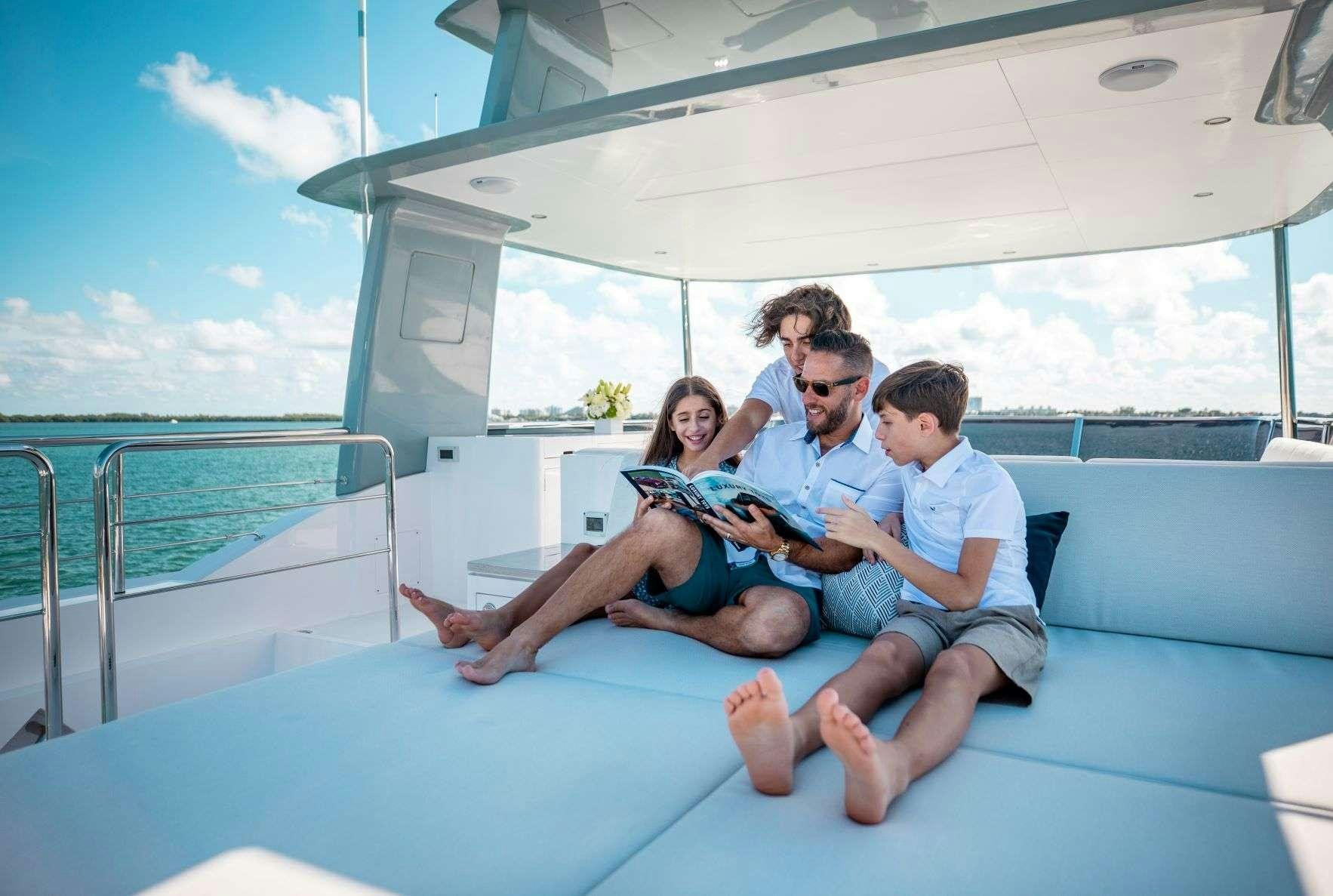 a group of people sitting on a boat aboard FREEDOM Yacht for Charter