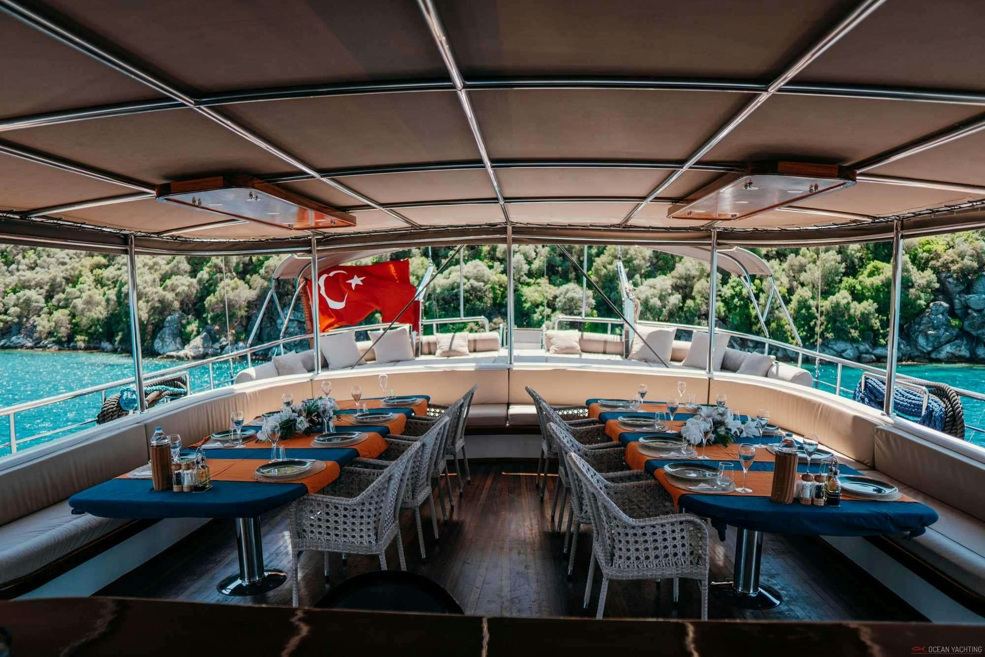a patio with tables and chairs aboard NEVRA QUEEN Yacht for Charter