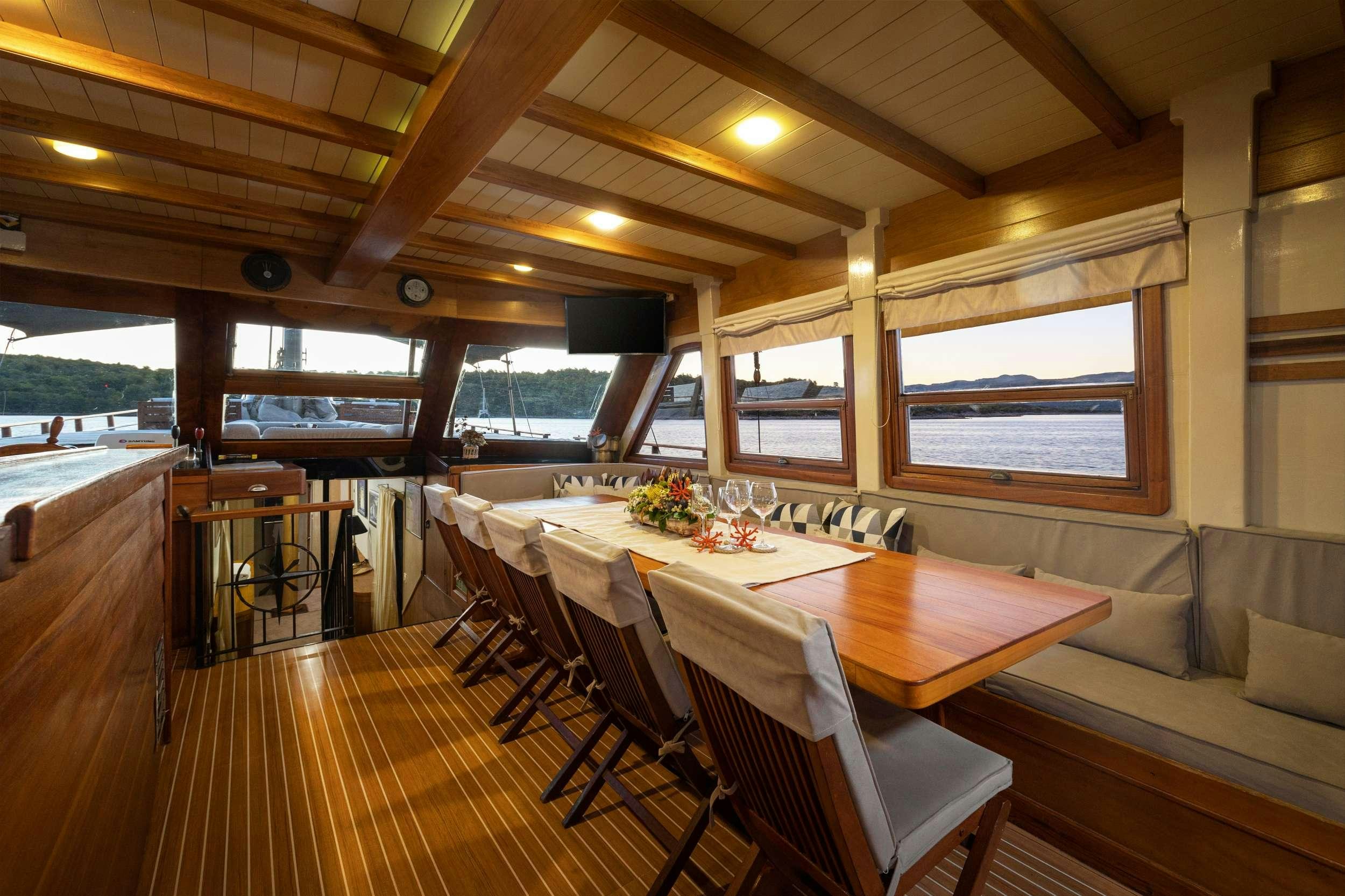 a room with tables and chairs aboard ABORDA Yacht for Charter