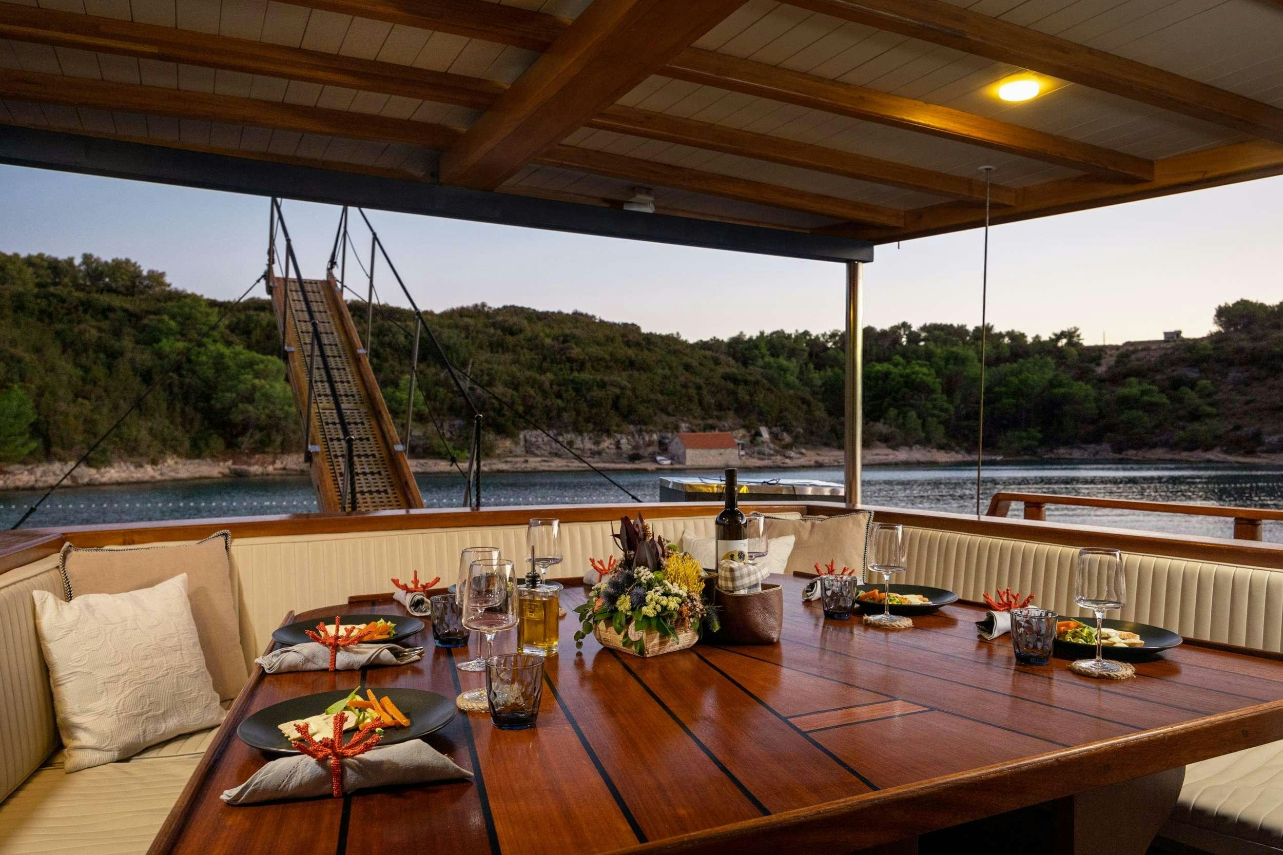 a table with food and drinks on it aboard ABORDA Yacht for Charter