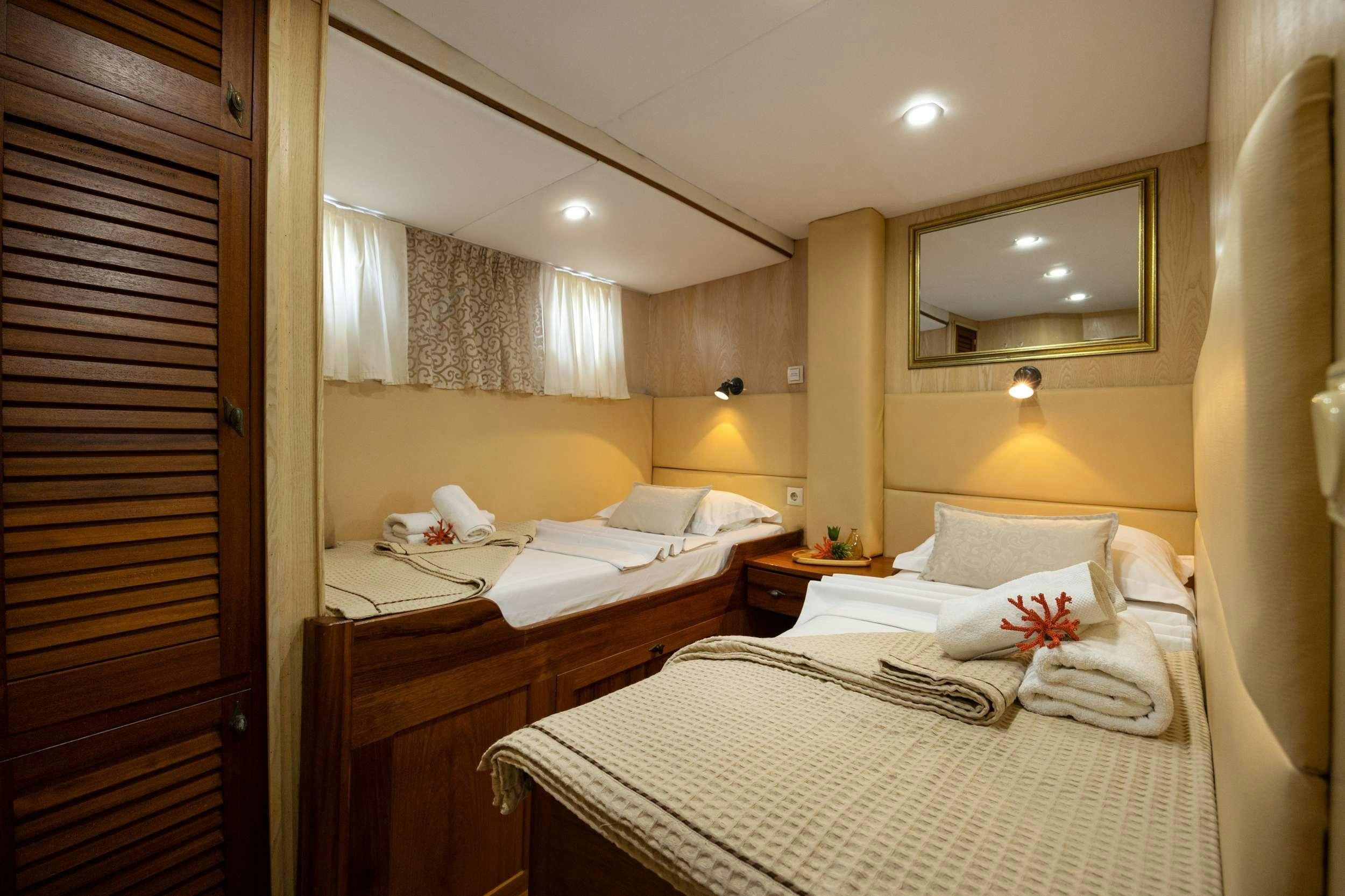 a hotel room with two beds aboard ABORDA Yacht for Charter