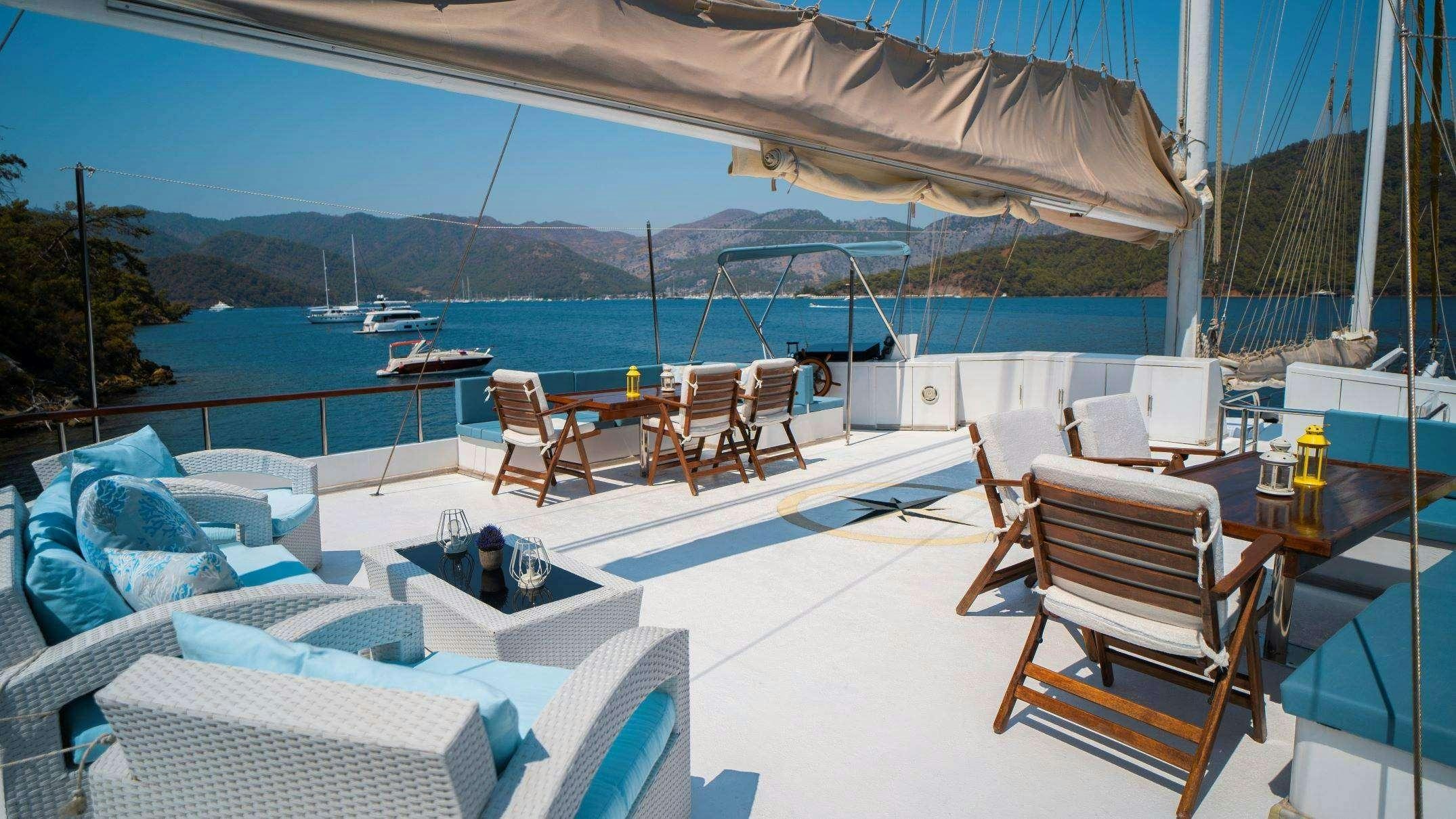 a deck with a pool and chairs aboard WHITE SWAN Yacht for Charter