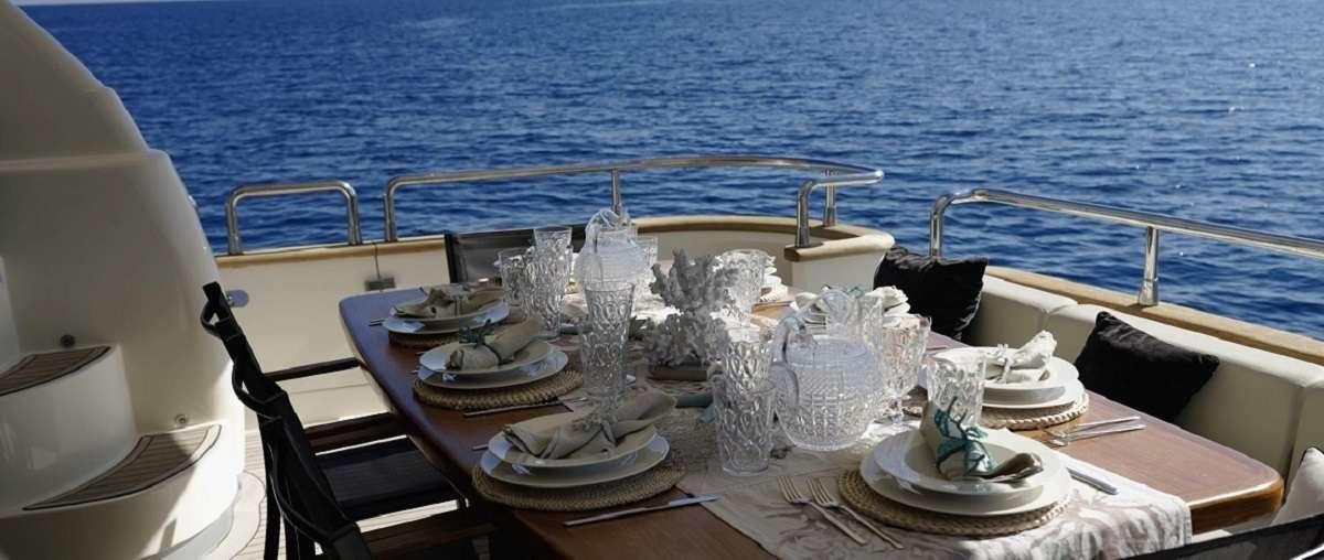 a table with plates and glasses on it aboard BIANCA II Yacht for Charter