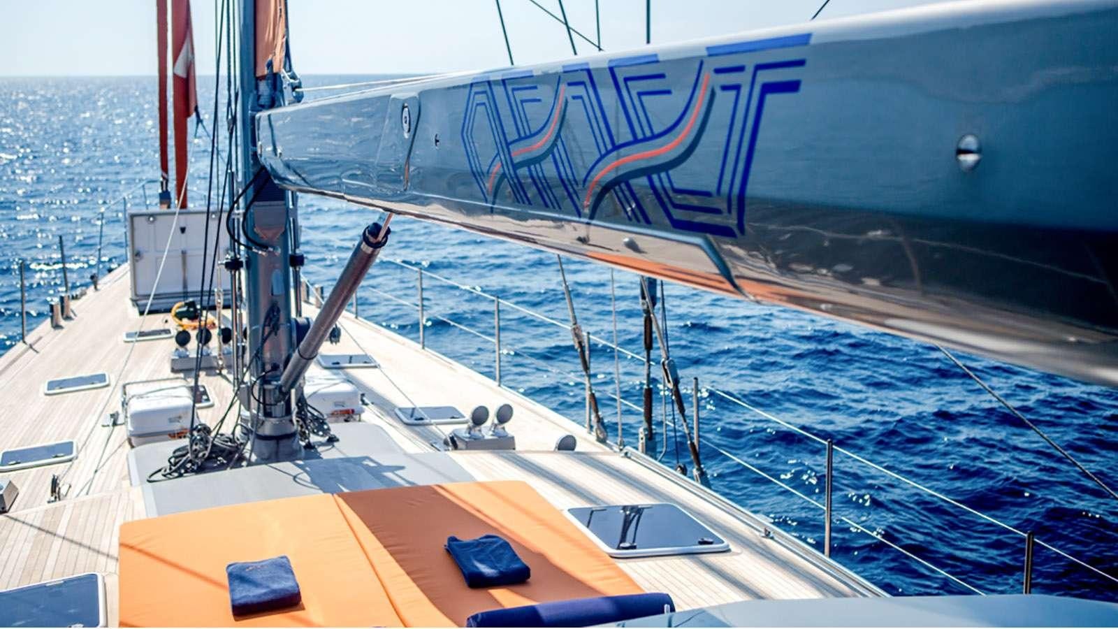 a boat with a blue and orange stripe on the front aboard AFAET Yacht for Charter