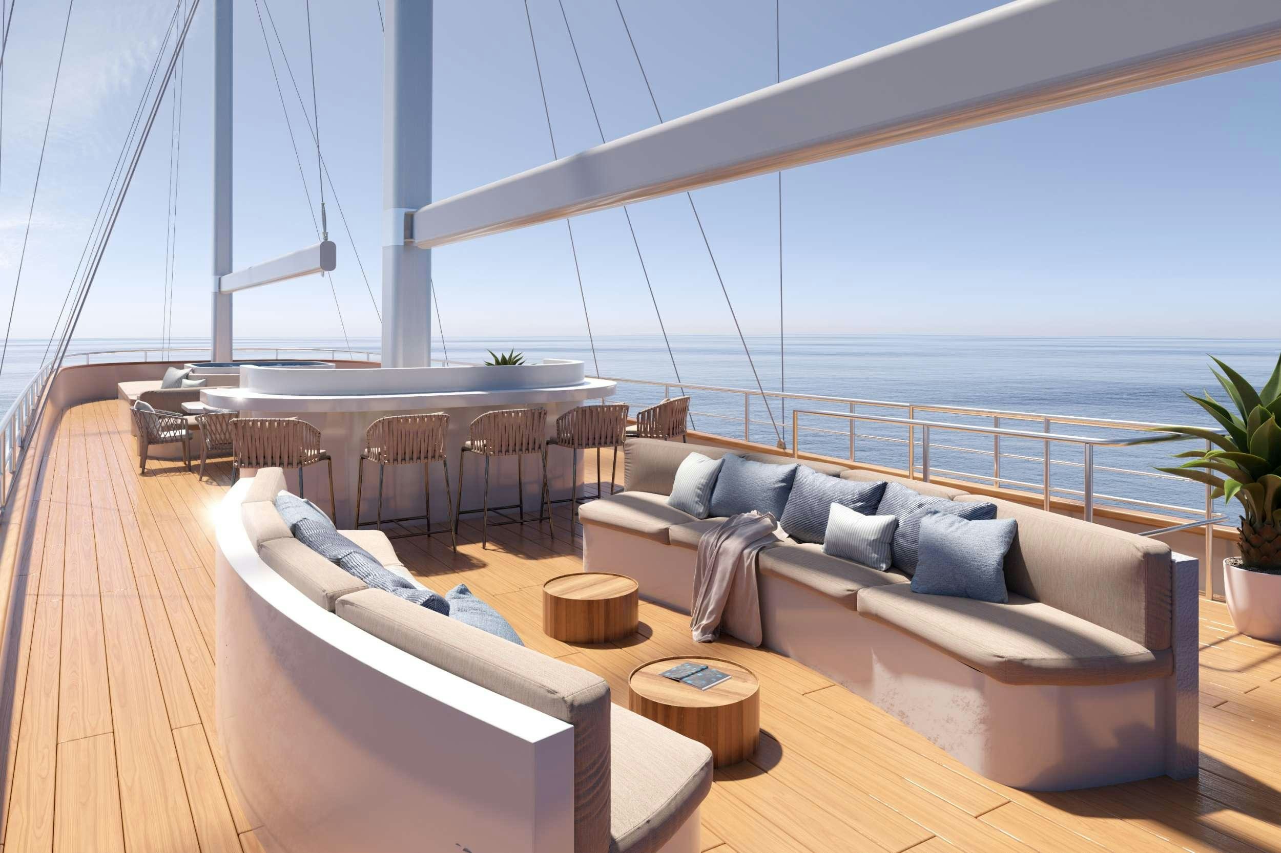 a large living room with a large balcony overlooking the ocean aboard NOCTURNO Yacht for Charter