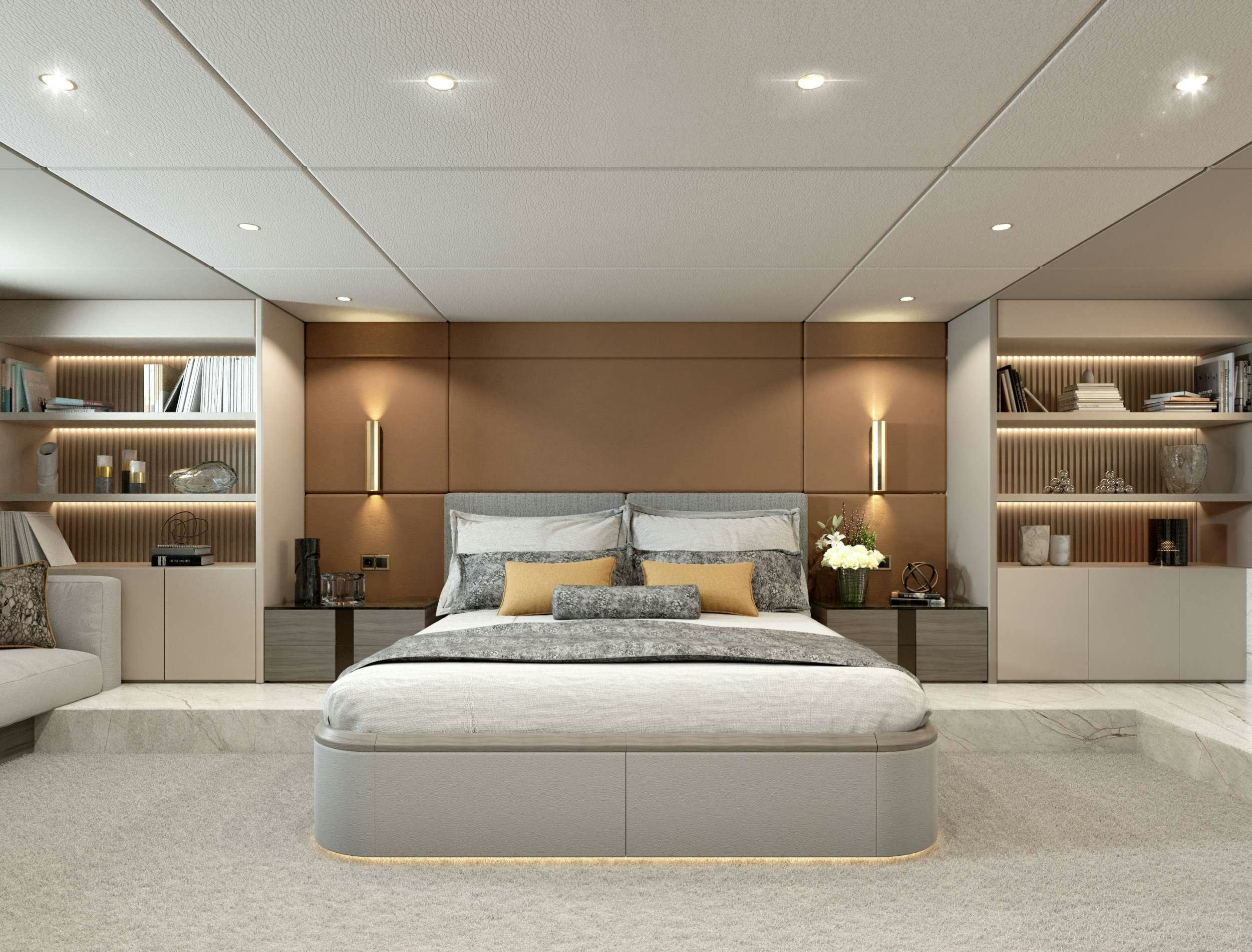 a large white bed in a room aboard NOCTURNO Yacht for Charter