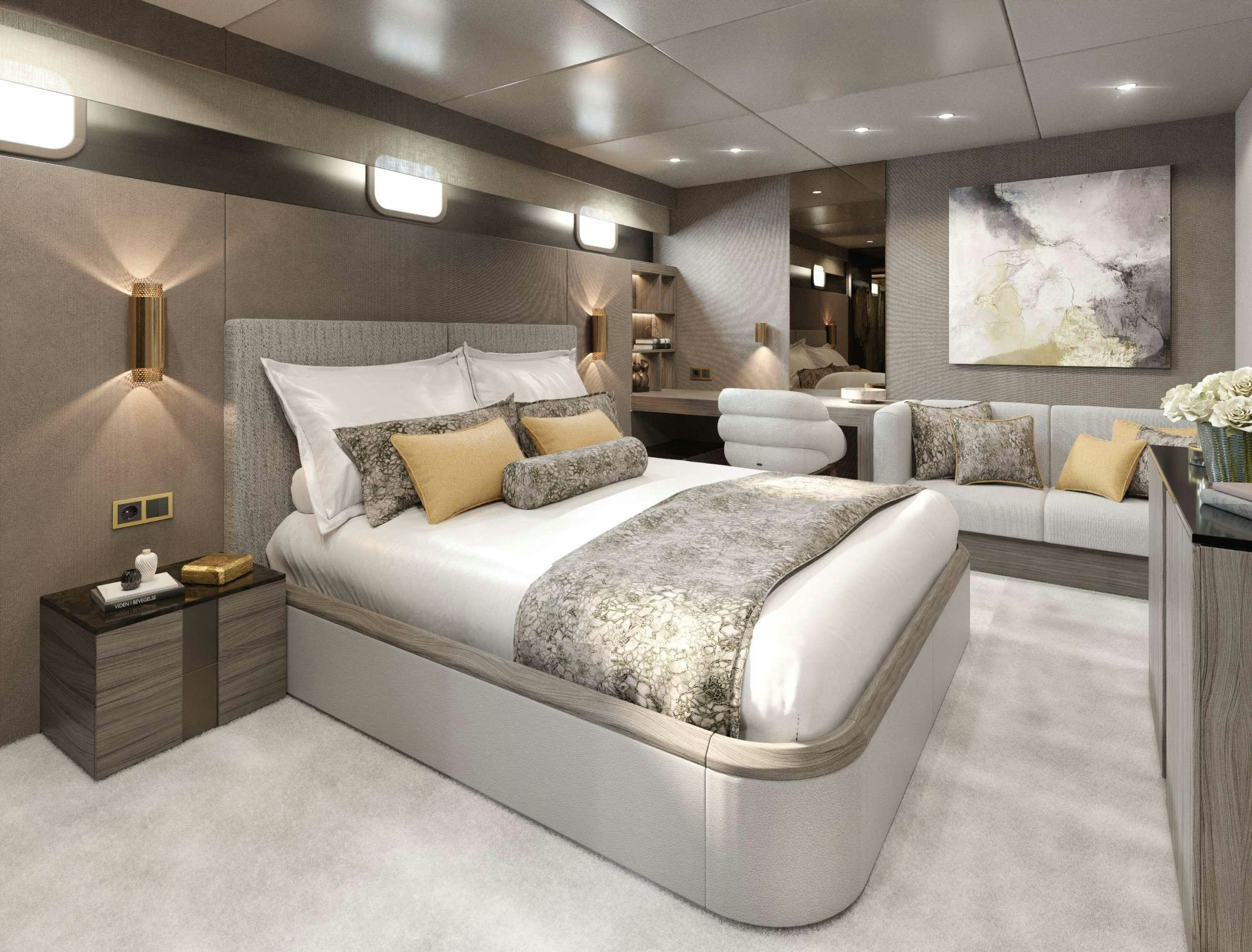 a large bed in a room aboard NOCTURNO Yacht for Charter