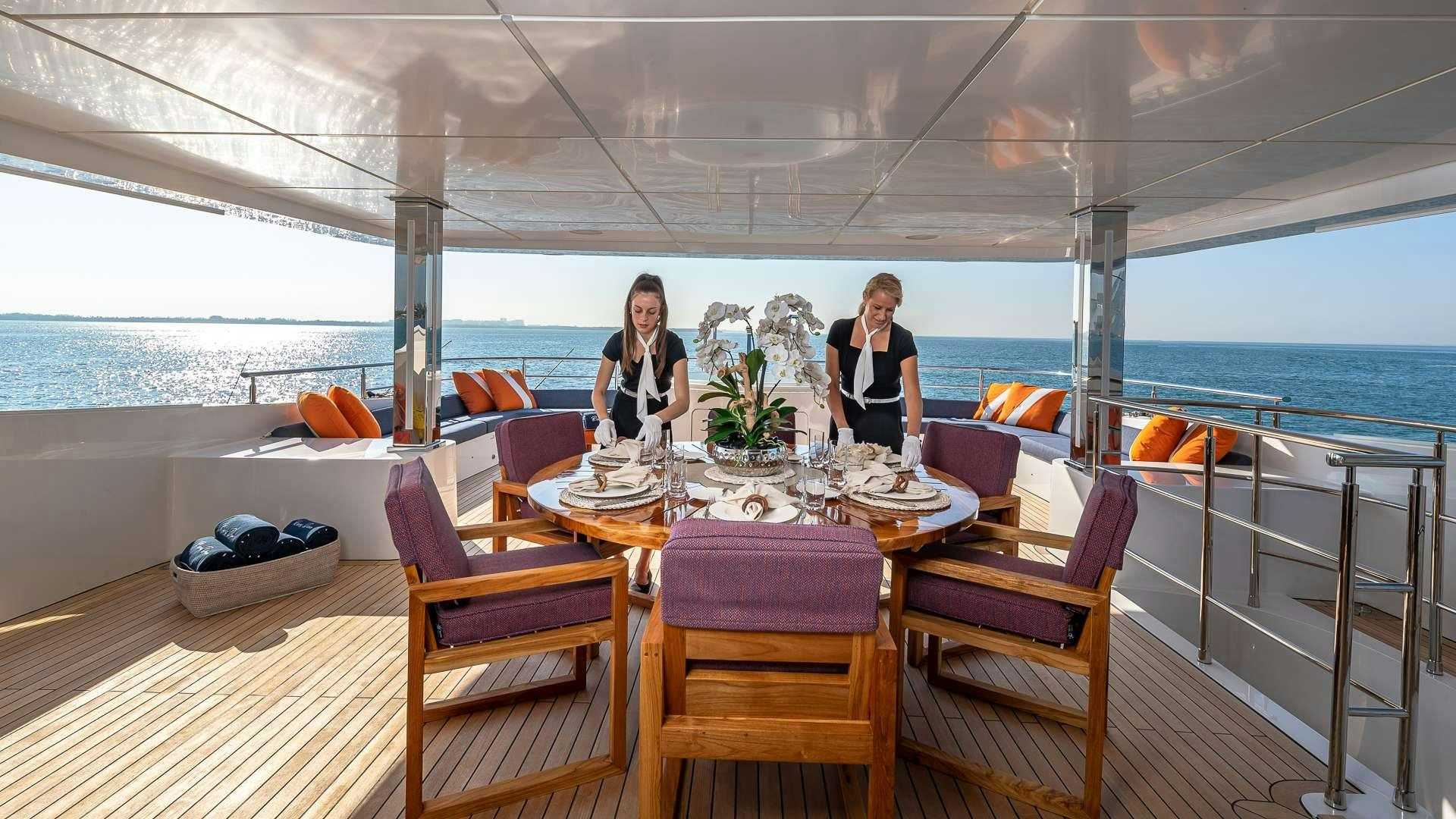 a couple of women sitting at a table on a deck overlooking the ocean aboard RISING DAWN Yacht for Charter