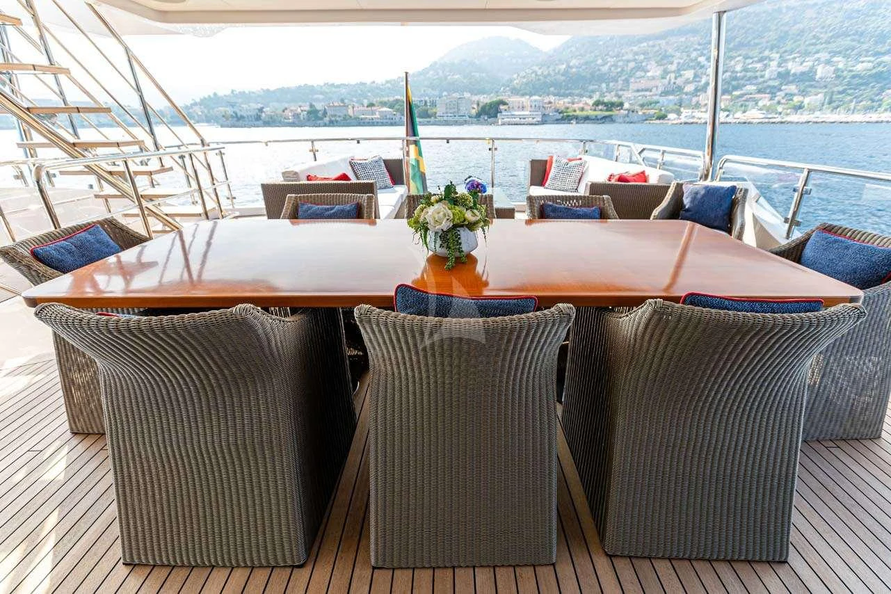 a table with chairs on it aboard LULU Yacht for Charter