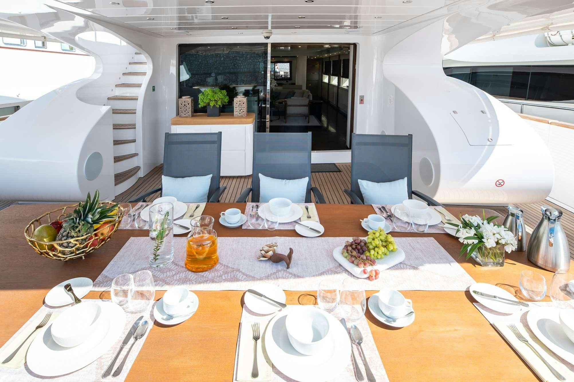 a table set with plates and glasses aboard PEREAKI II Yacht for Charter