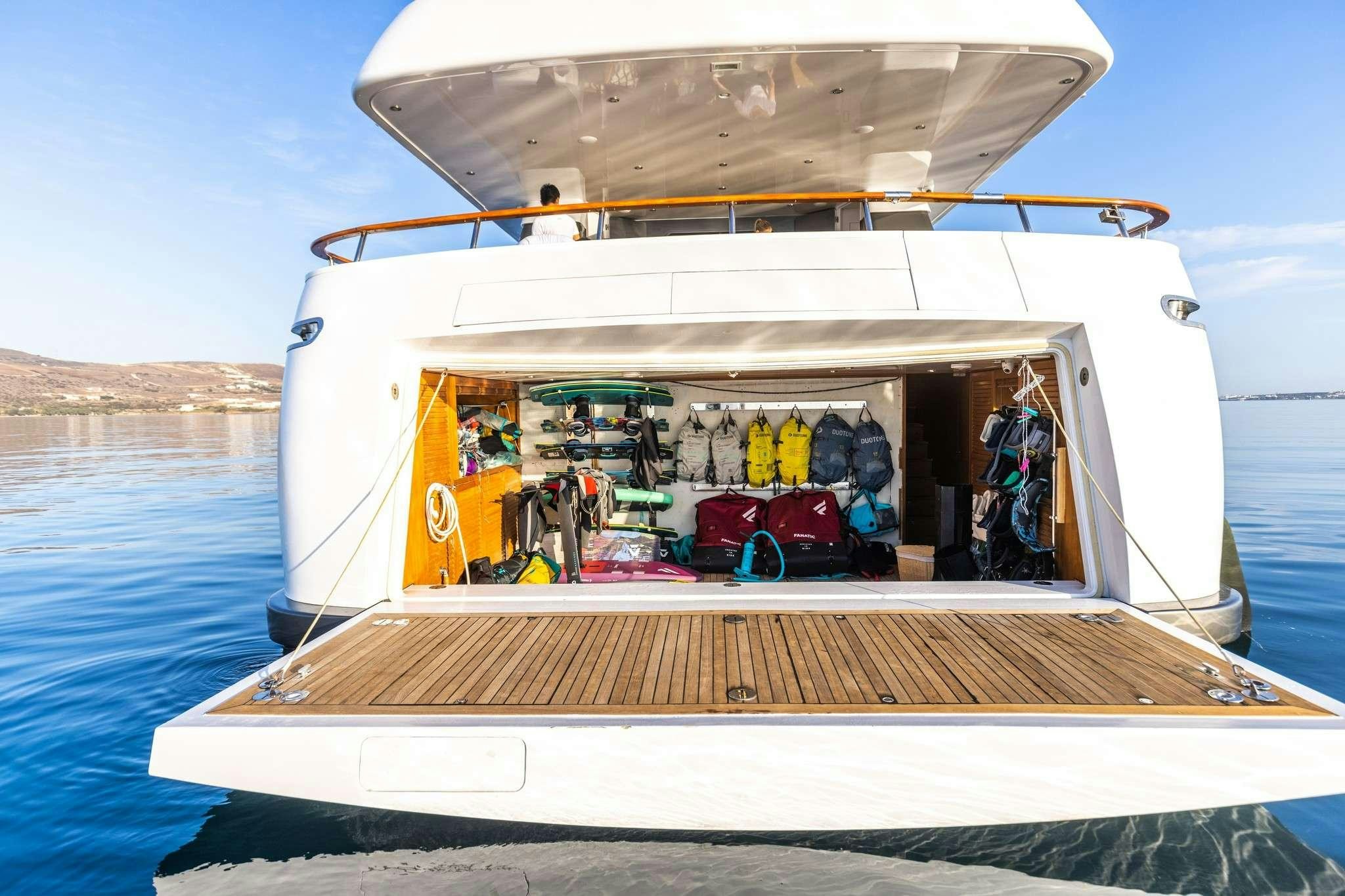 a boat with open doors aboard MOBIUS Yacht for Charter