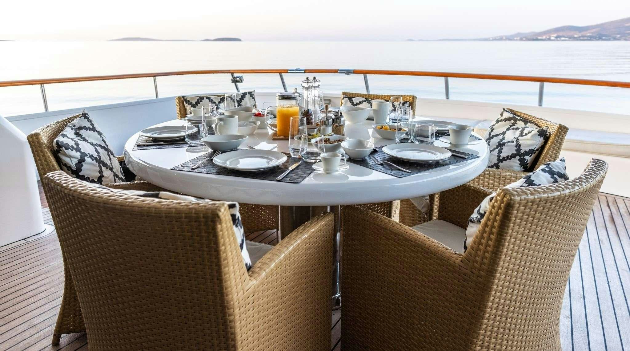 a table with plates and glasses on it aboard MOBIUS Yacht for Charter