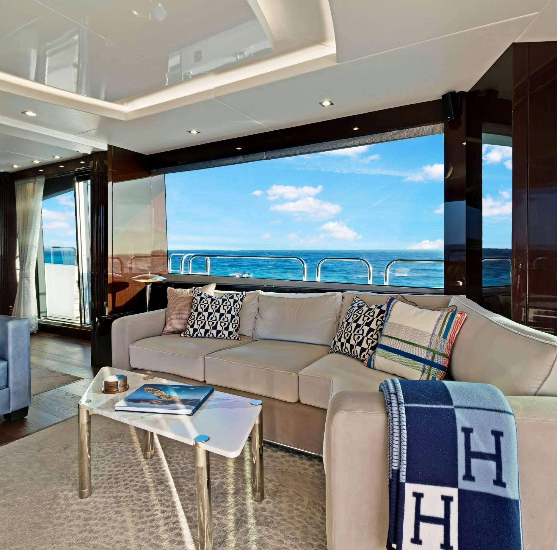 a living room with a large window aboard SYNERGY Yacht for Charter