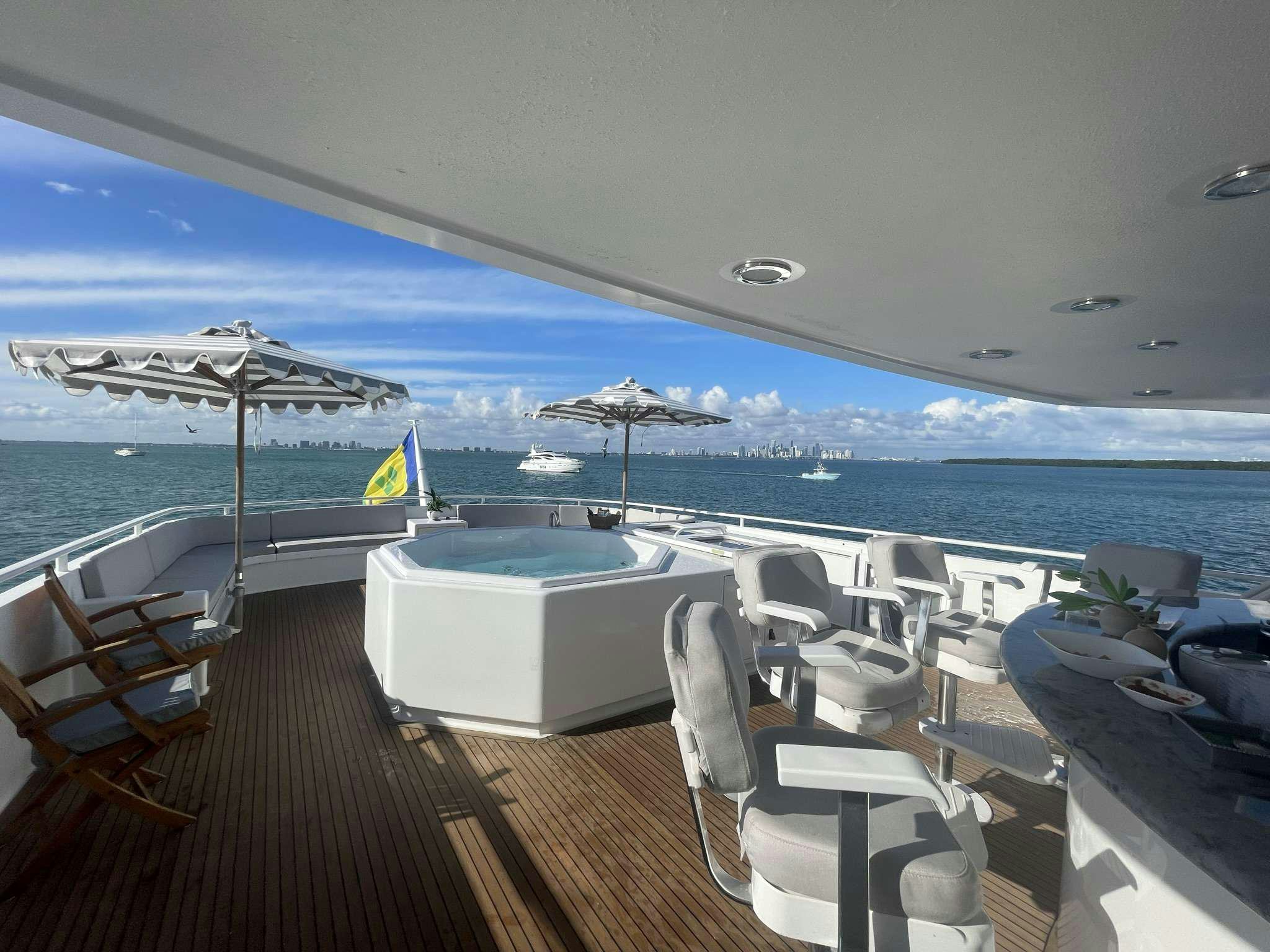 a deck with chairs and umbrellas aboard ROGUE Yacht for Charter
