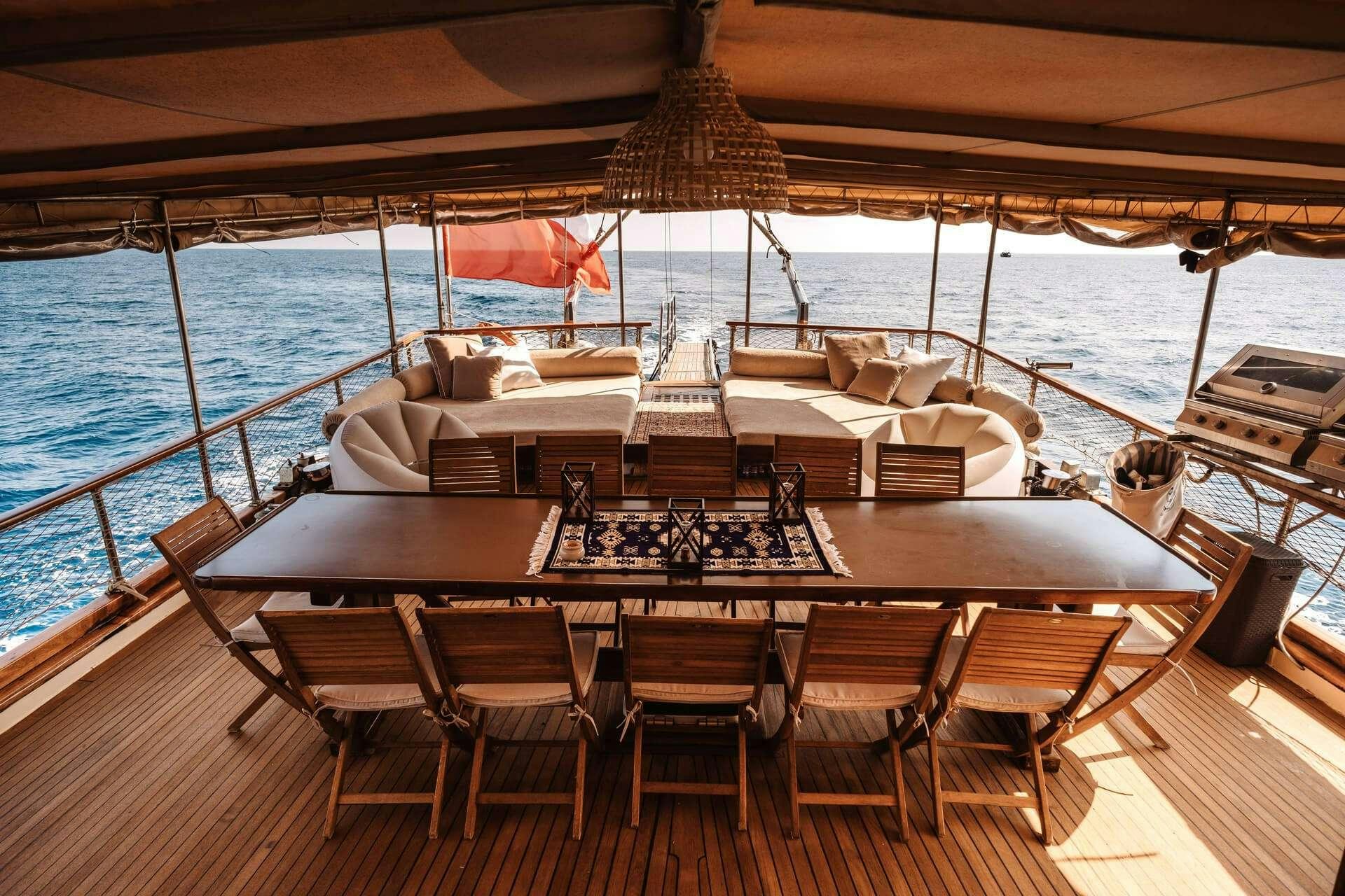 a large dining table on a boat aboard HANDE CAPO GALERA Yacht for Charter