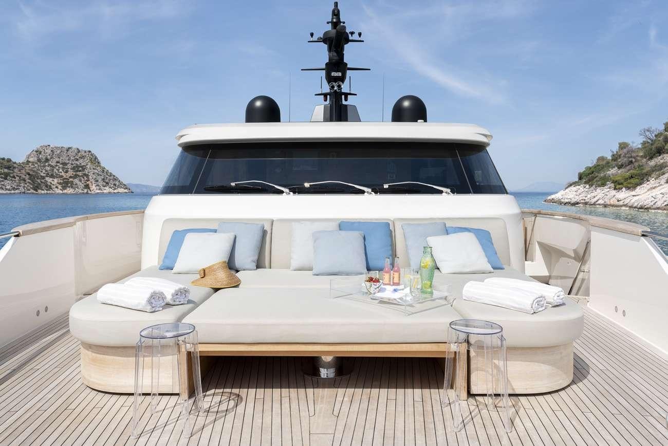 a white boat with a white canopy and a white tablecloth on it aboard FATSA Yacht for Charter