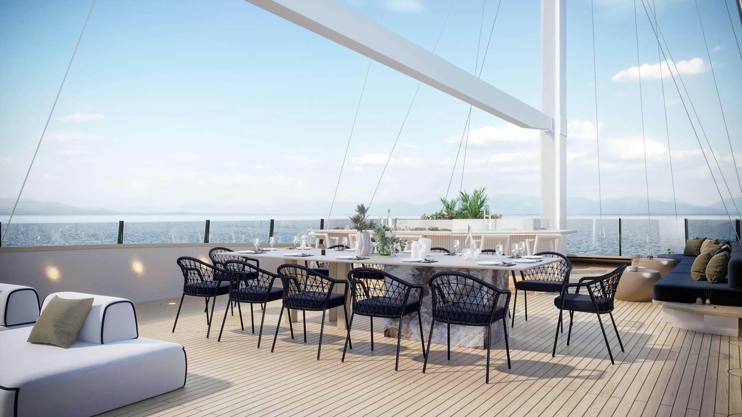 a large patio with a table and chairs aboard SCORPIOS Yacht for Charter