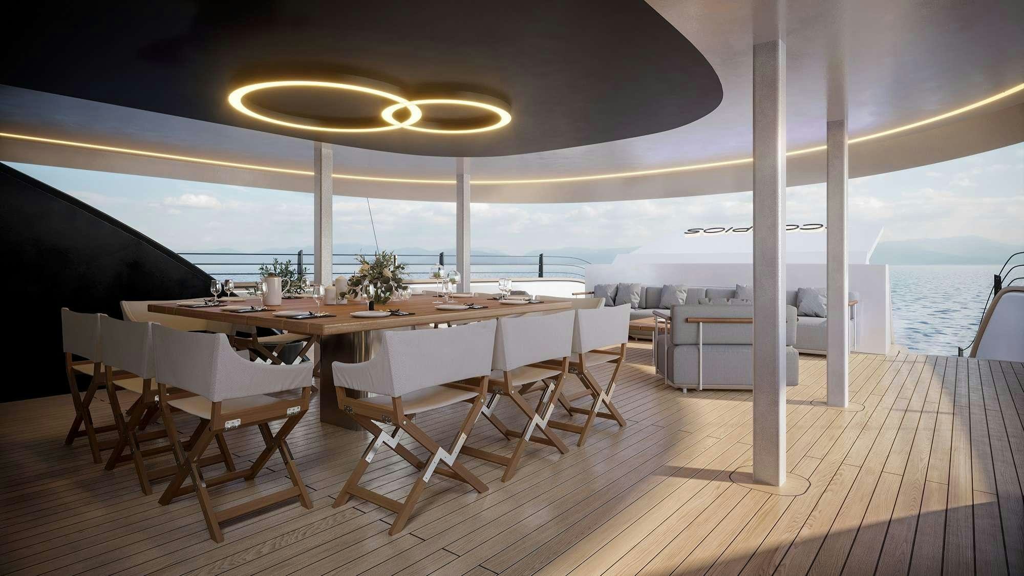 a room with a table and chairs aboard SCORPIOS Yacht for Charter