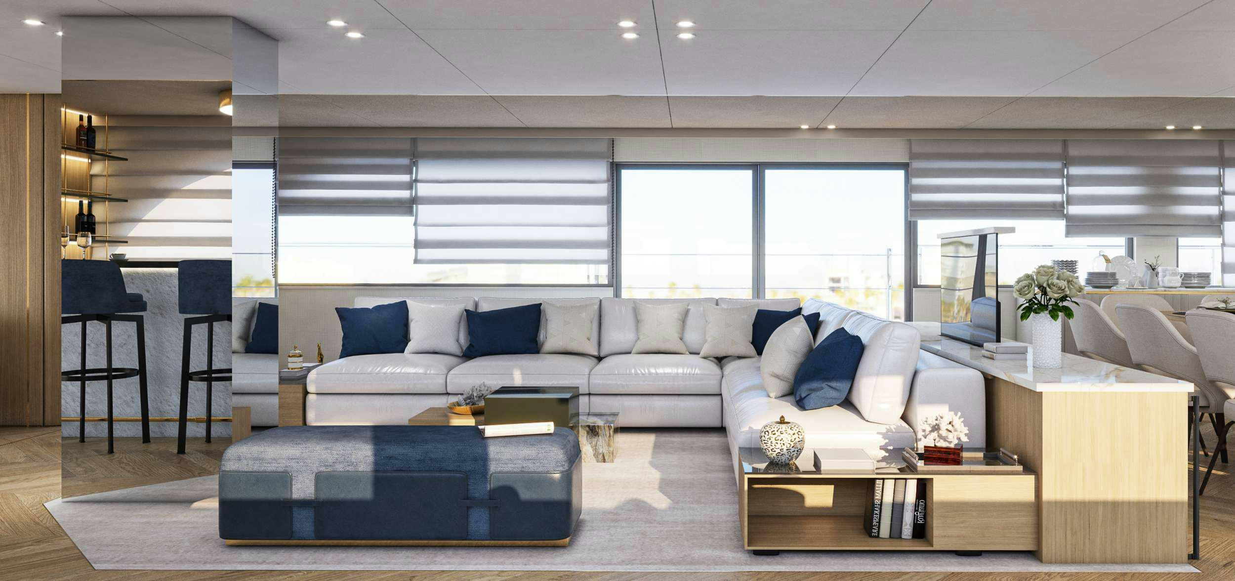 a living room with a couch and a coffee table aboard SCORPIOS Yacht for Charter