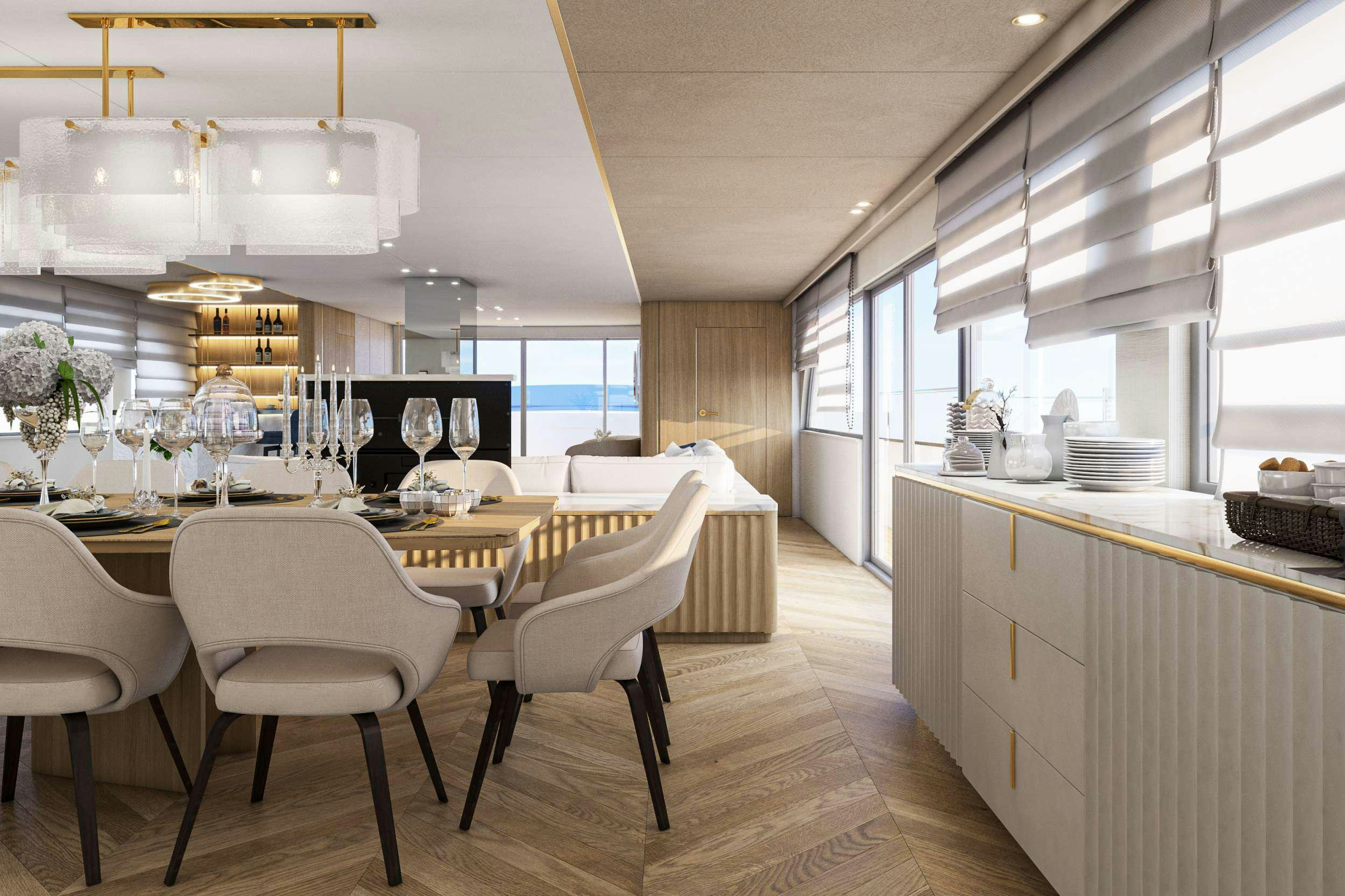 a kitchen with white cabinets aboard SCORPIOS Yacht for Charter
