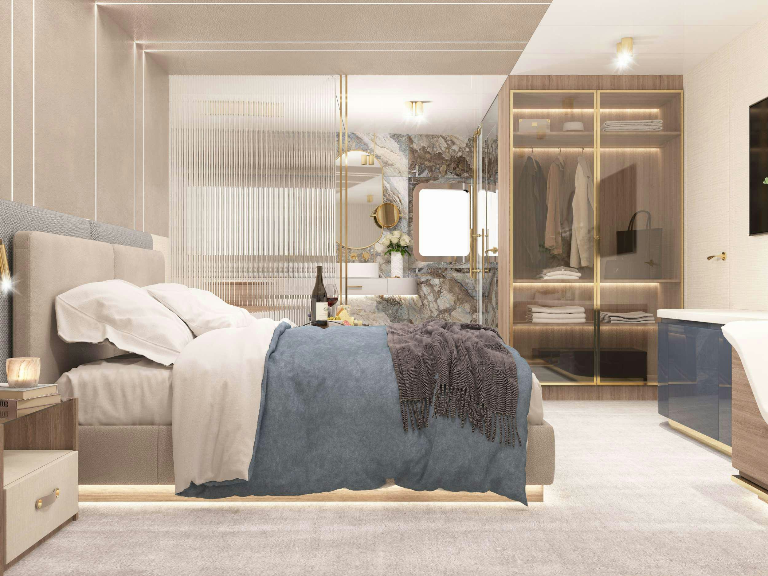 a bedroom with a bed and a mirror aboard SCORPIOS Yacht for Charter