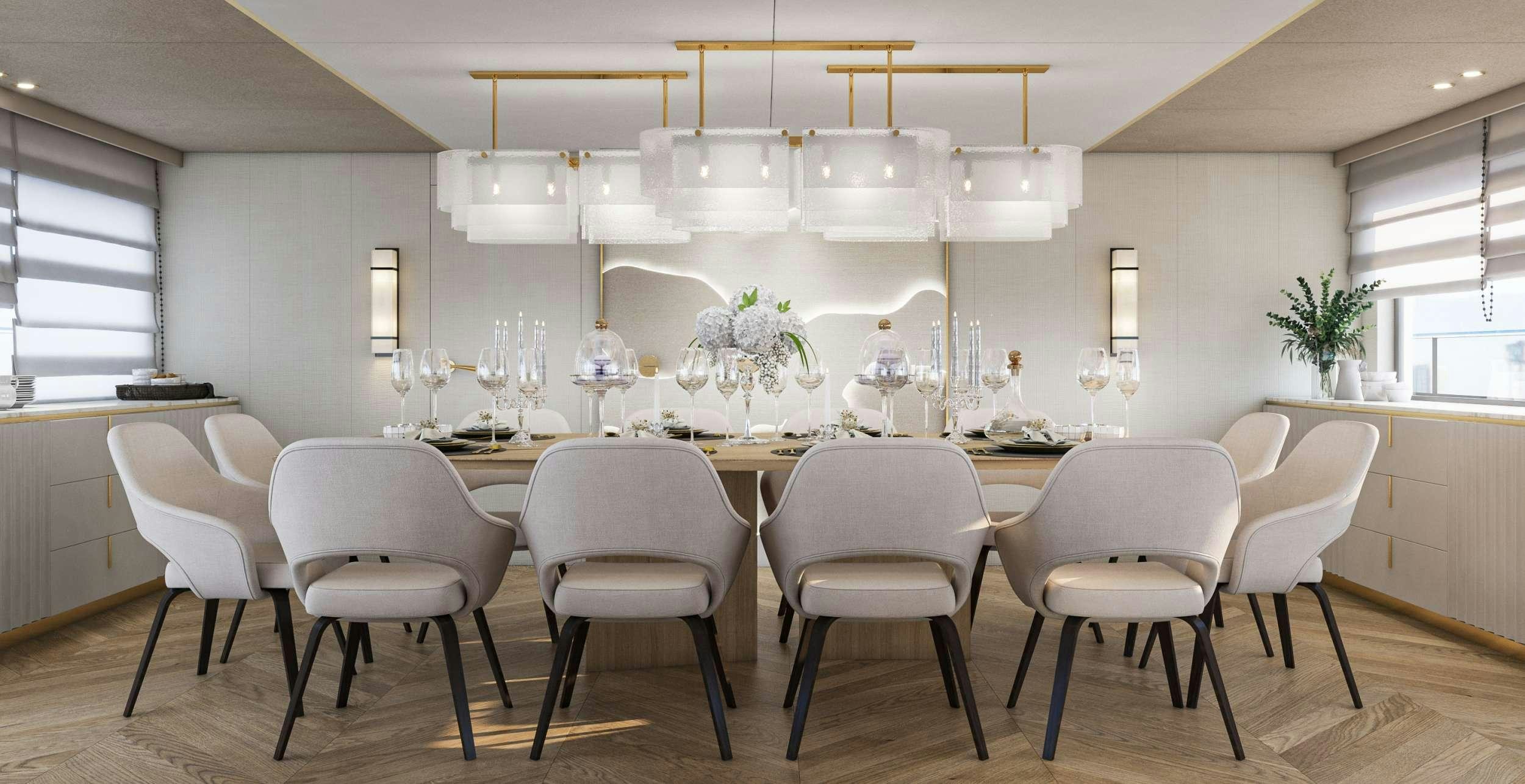 a large white dining room with many chairs and a white table aboard SCORPIOS Yacht for Charter