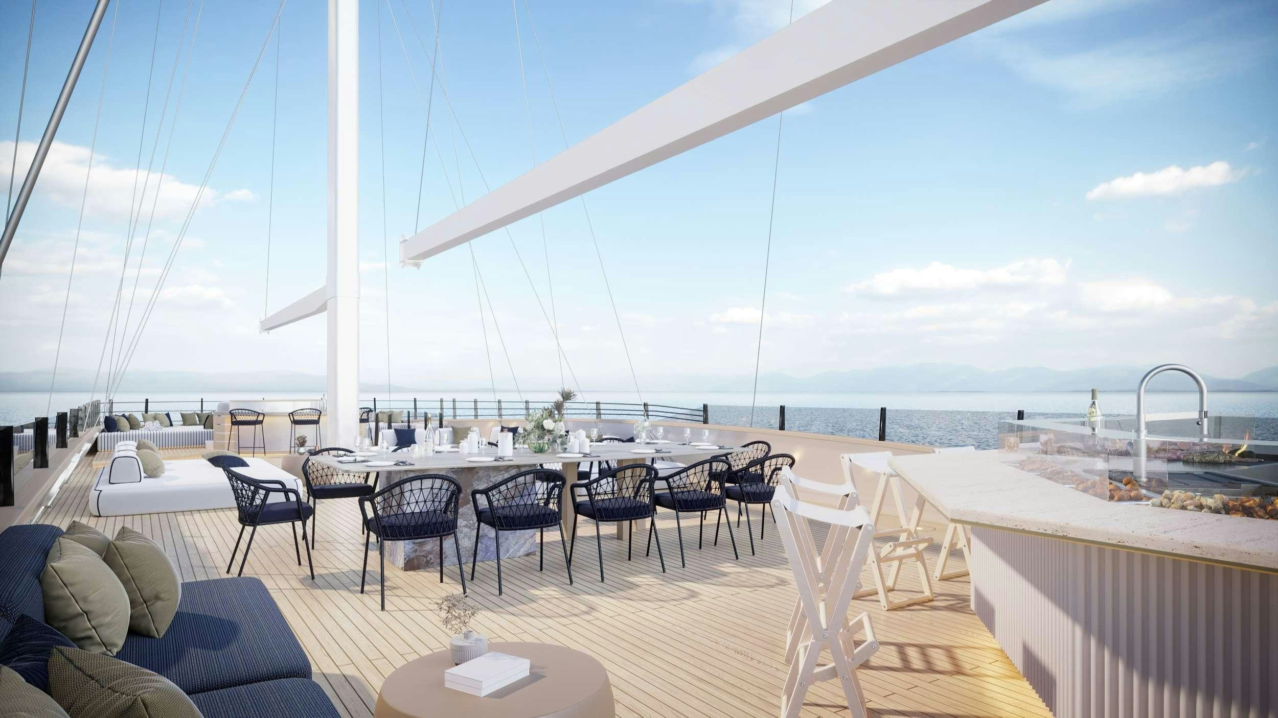 a large patio with tables and chairs aboard SCORPIOS Yacht for Charter