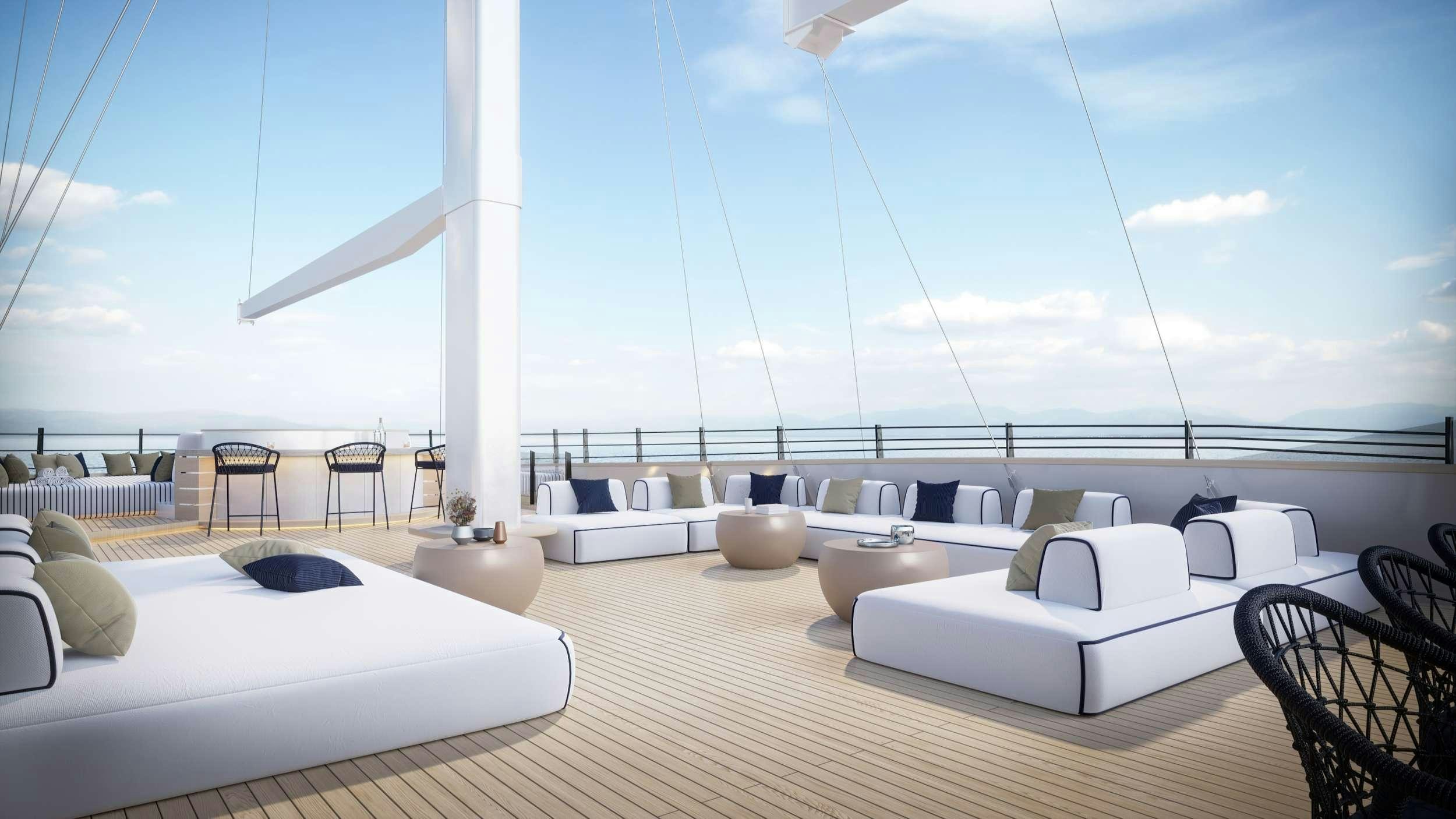 a room with a large white bed and a large white window aboard SCORPIOS Yacht for Charter