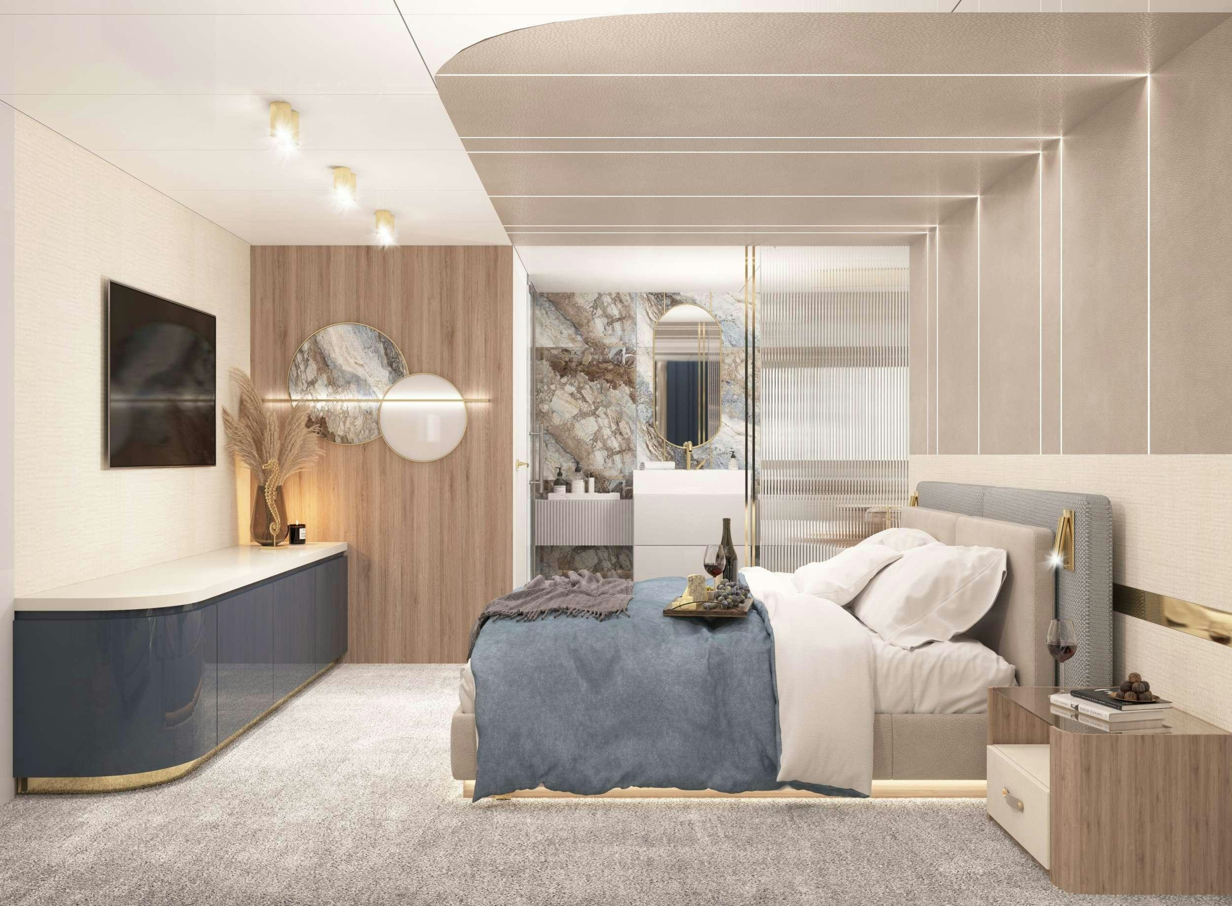 a bedroom with a large mirror aboard SCORPIOS Yacht for Charter