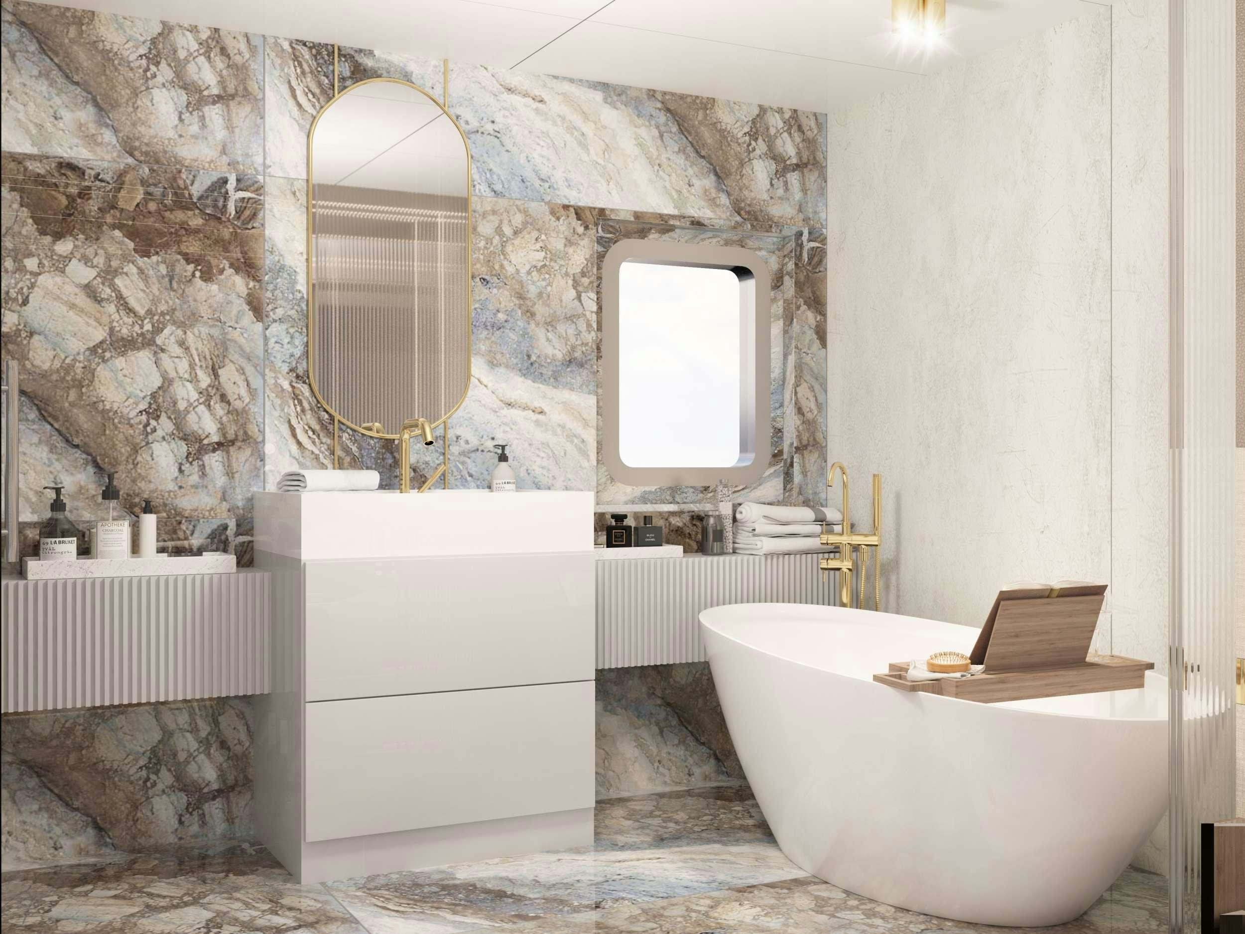 a bathroom with a large stone wall aboard SCORPIOS Yacht for Charter