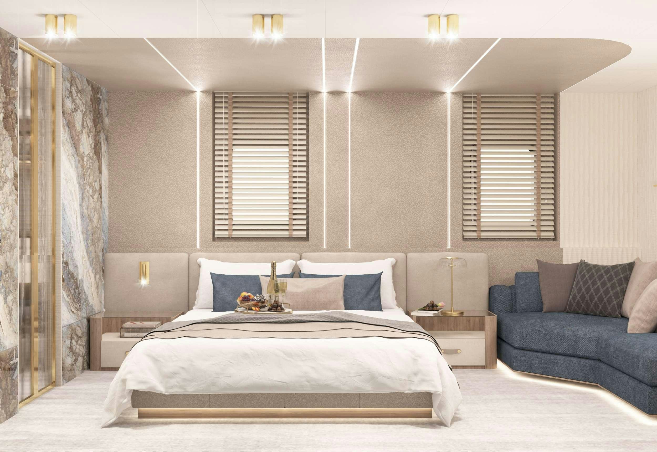 a bedroom with a blue couch and a white bed aboard SCORPIOS Yacht for Charter