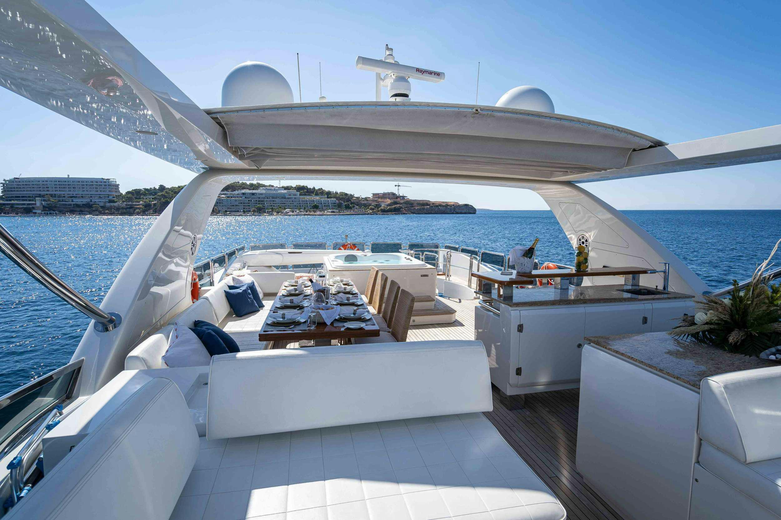 a large white boat with a white sail and a white satellite dish on the deck aboard KOUKLES Yacht for Charter