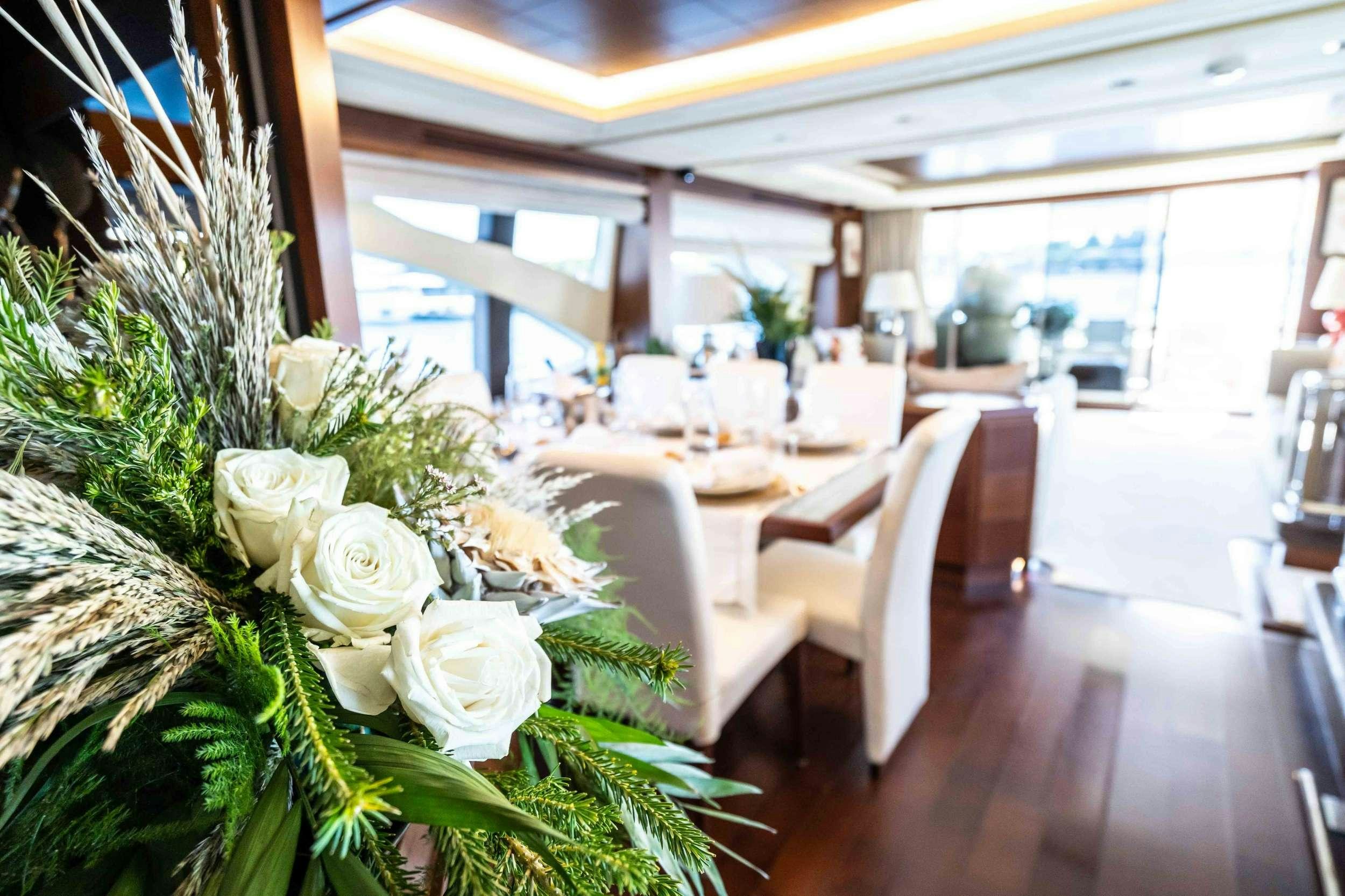 a room with tables and chairs aboard KOUKLES Yacht for Charter
