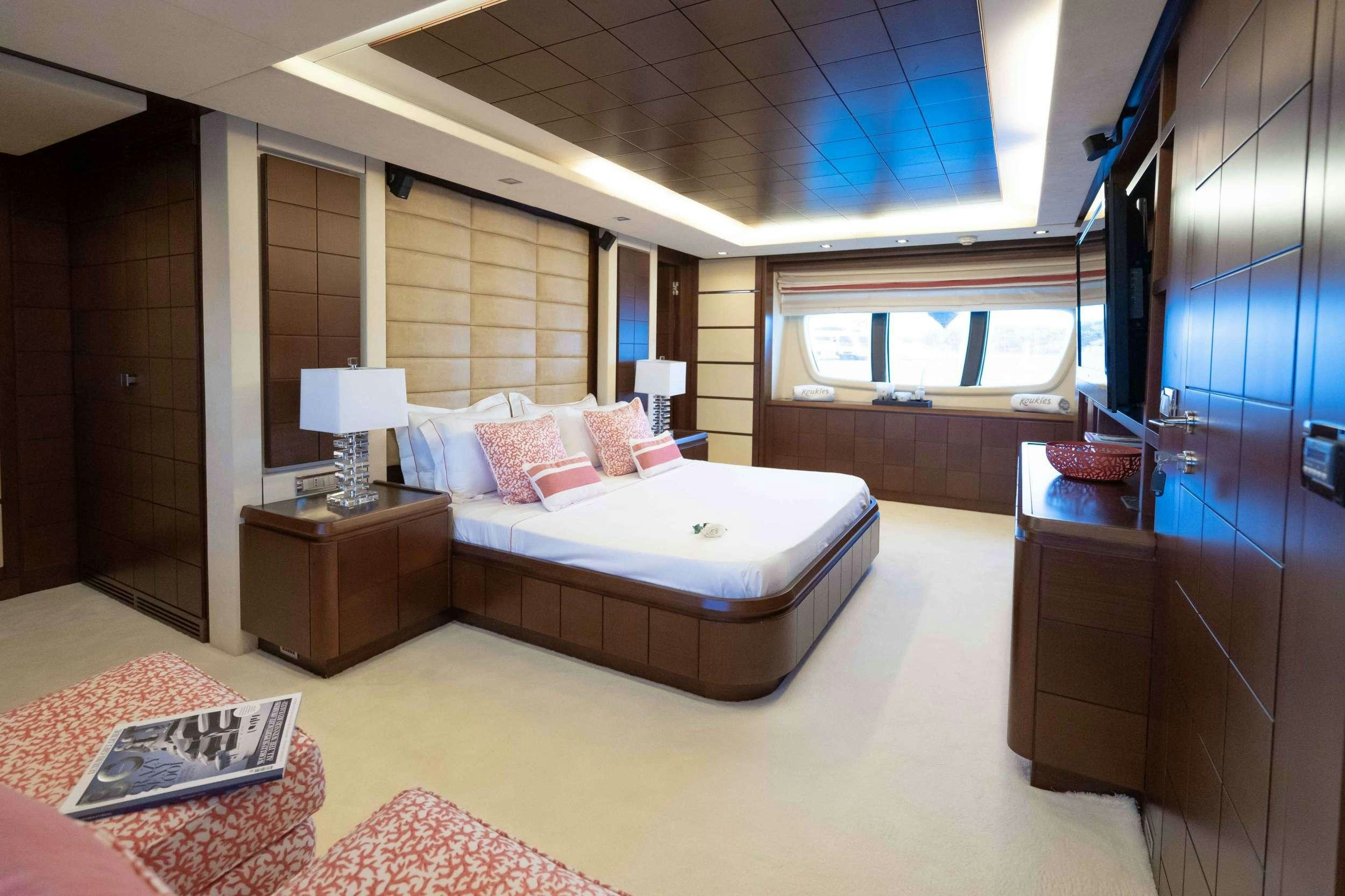 a large bedroom with a large bed aboard KOUKLES Yacht for Charter