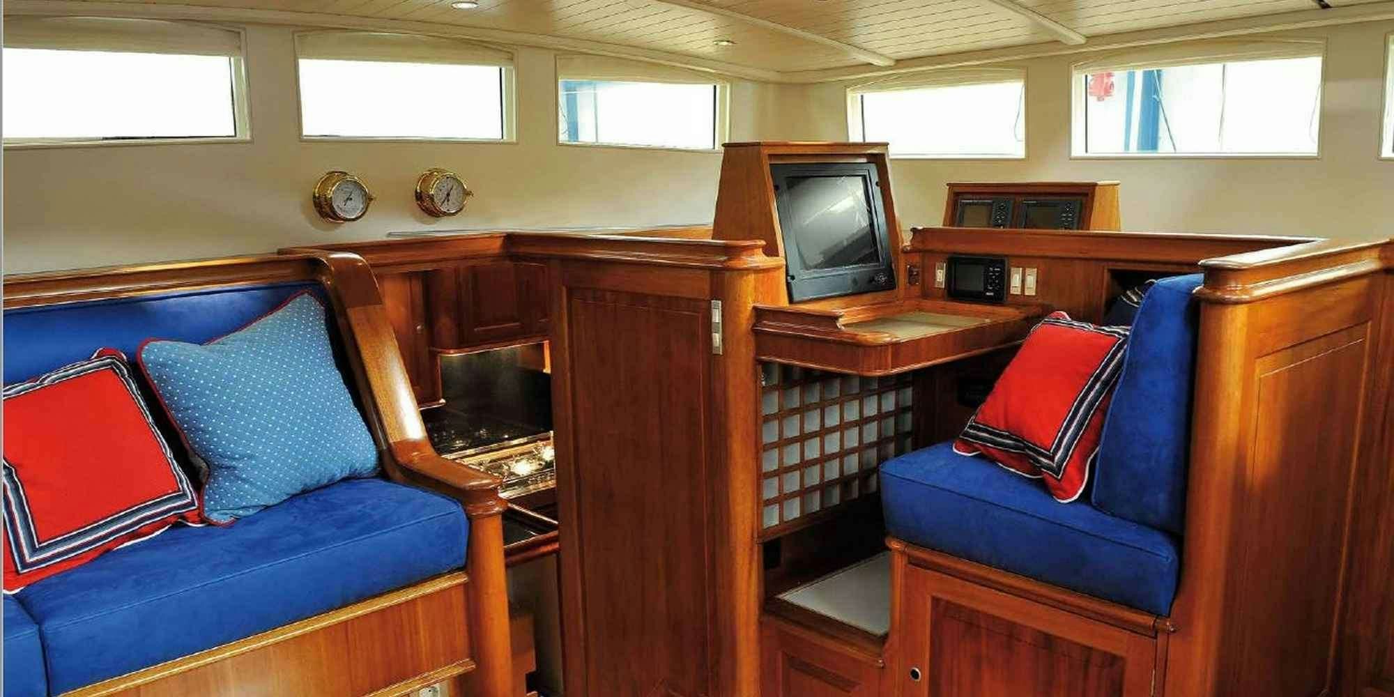 a room with a couch and a tv aboard ATALANTE Yacht for Charter