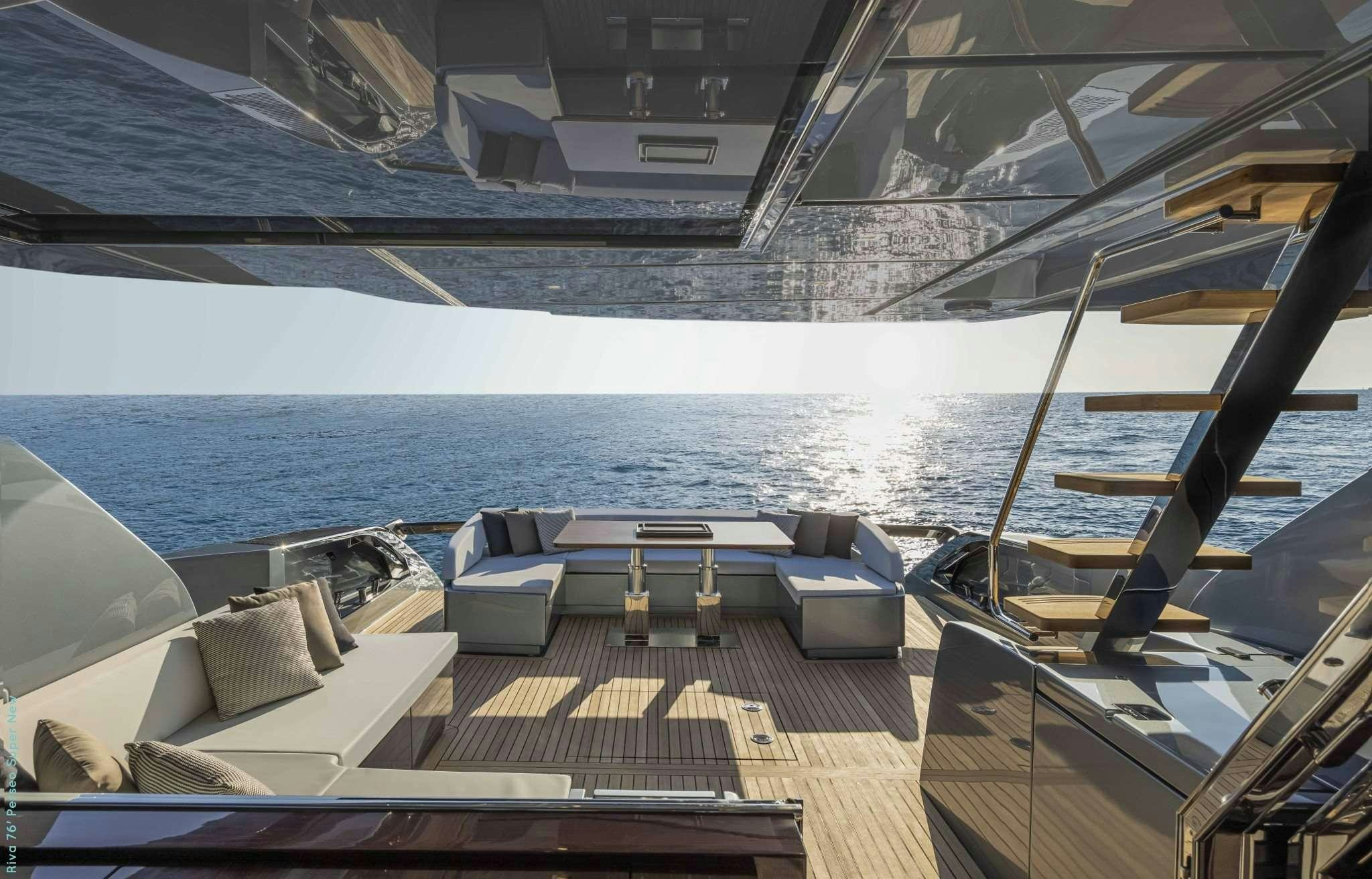 a deck with chairs and a body of water in the background aboard RECREATIONAL USE Yacht for Charter