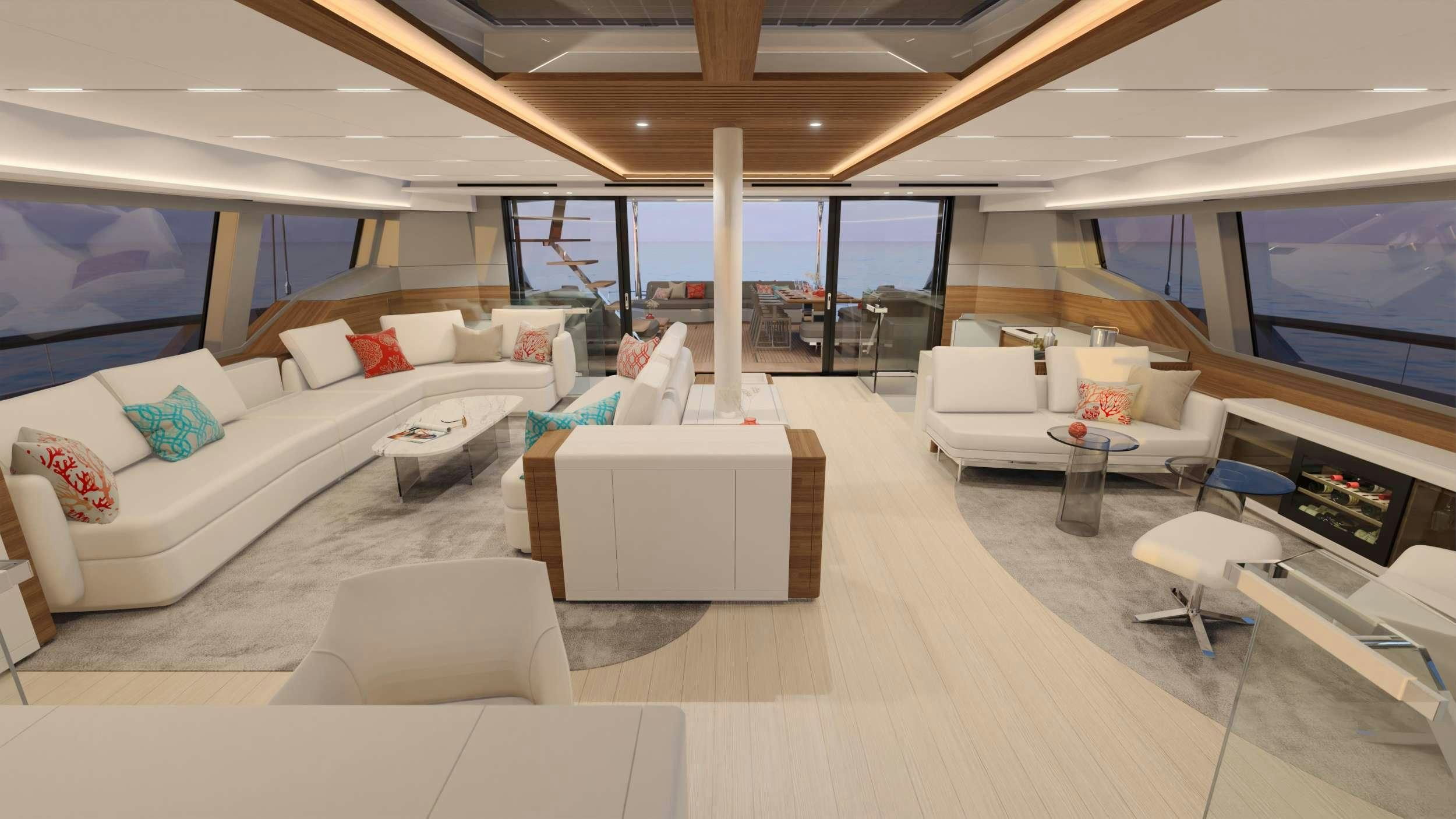 a room with a couch and a table aboard AD ASTRA 80 Yacht for Charter