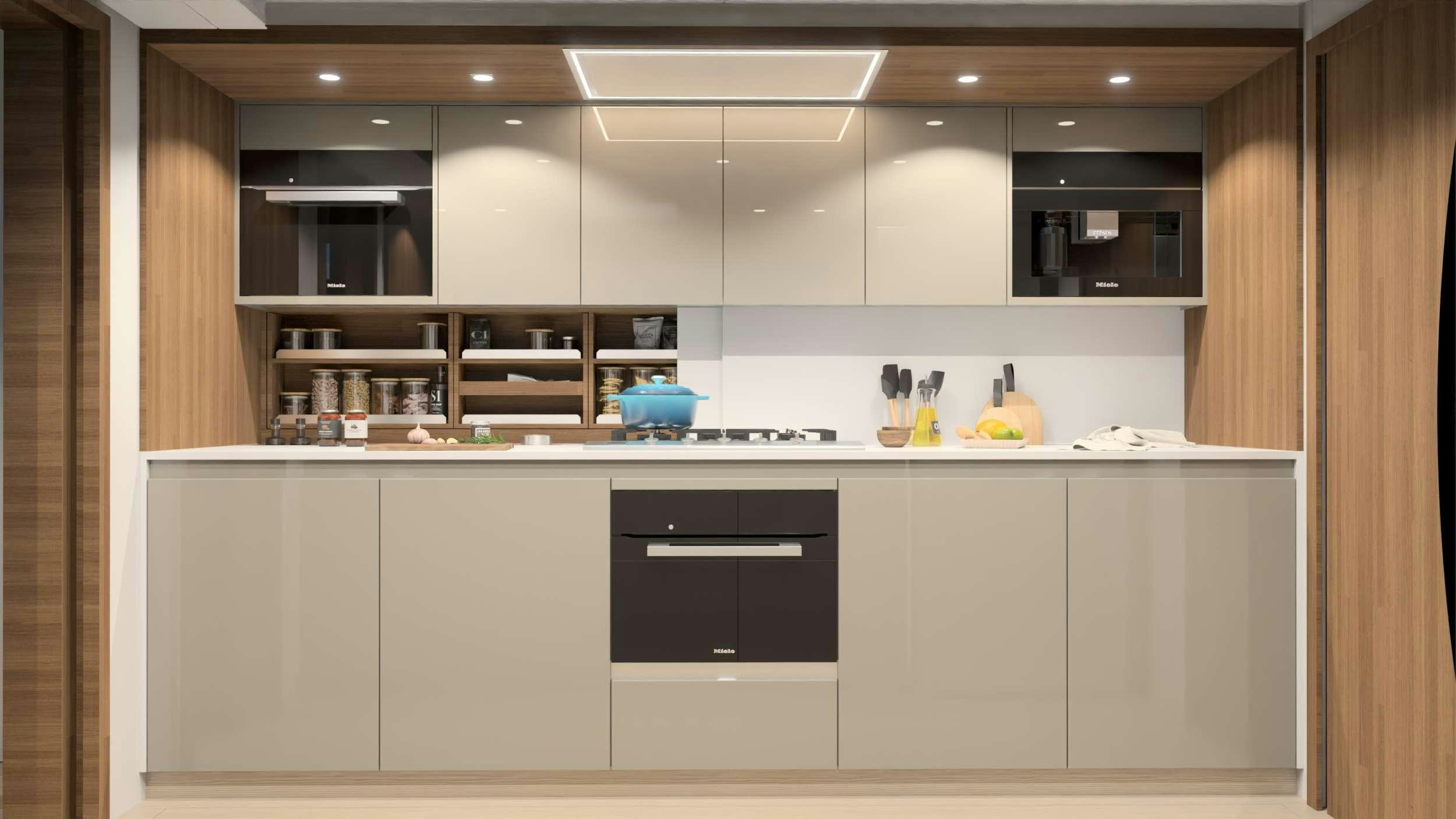 a kitchen with white cabinets aboard AD ASTRA 80 Yacht for Charter