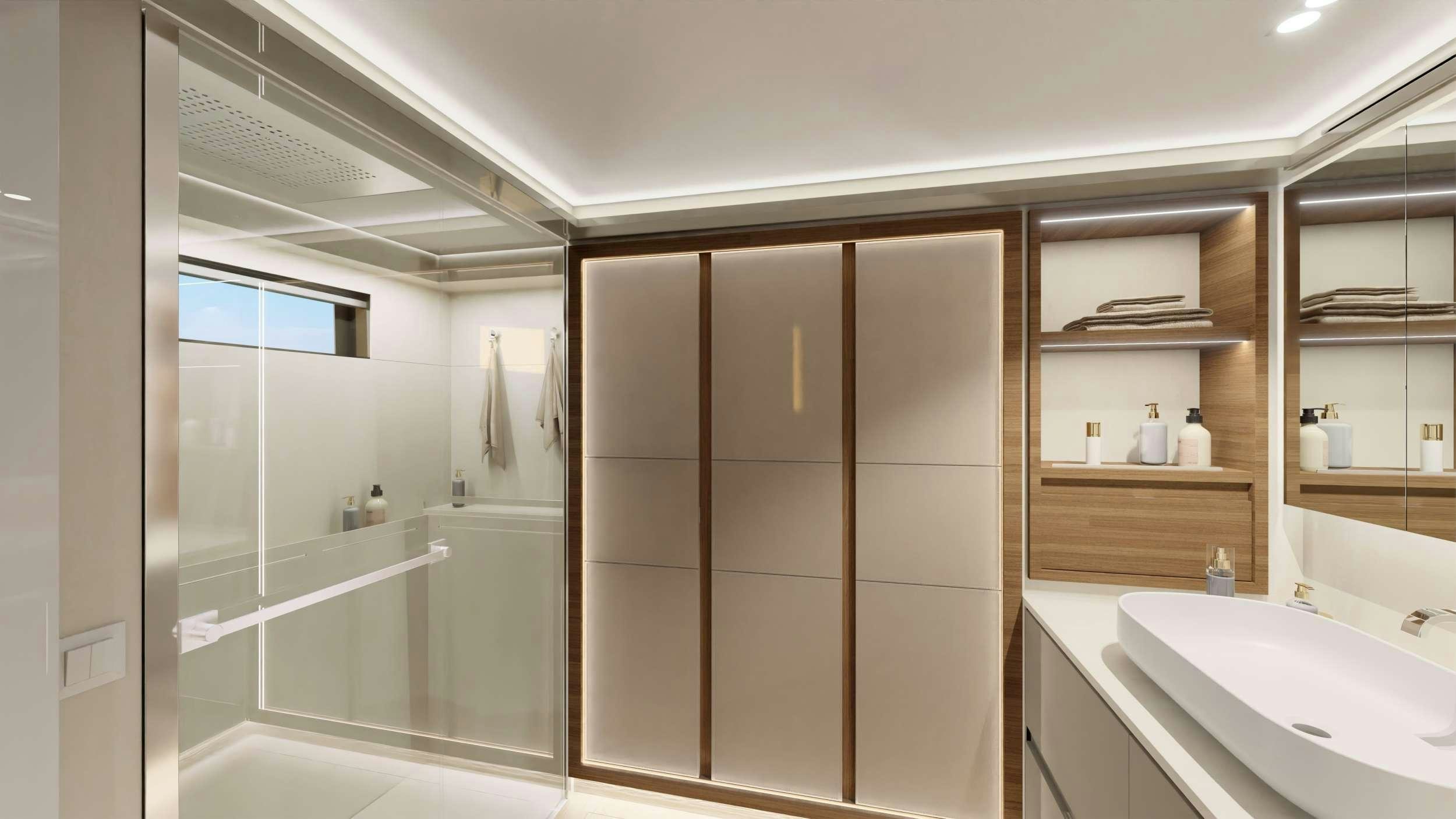 a bathroom with a glass shower aboard AD ASTRA 80 Yacht for Charter