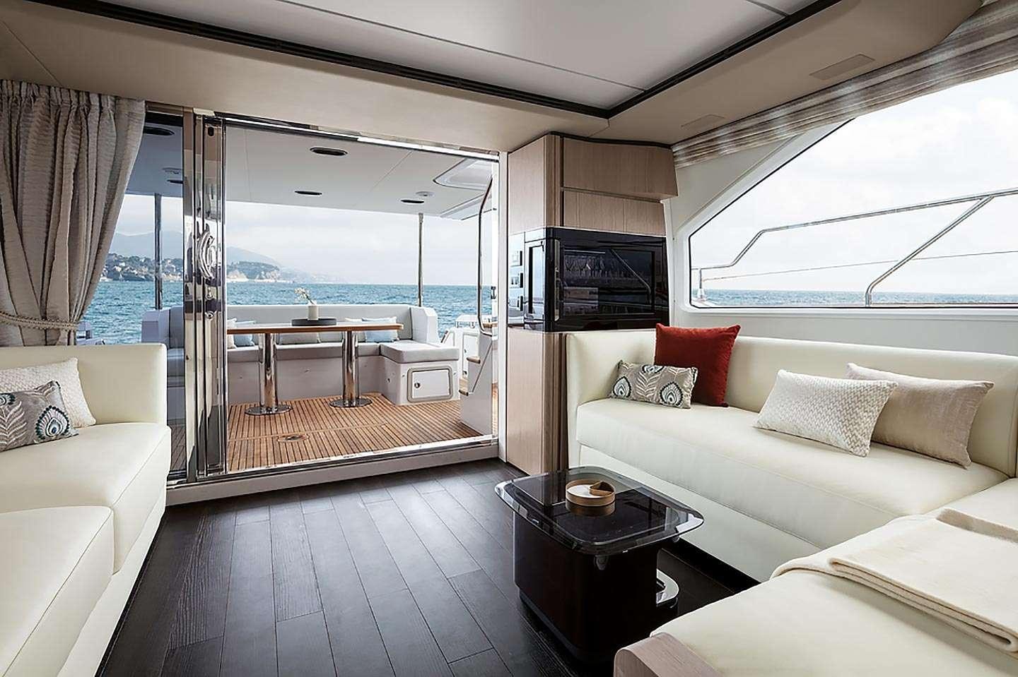 a living room with a large window aboard MOZZ Yacht for Charter