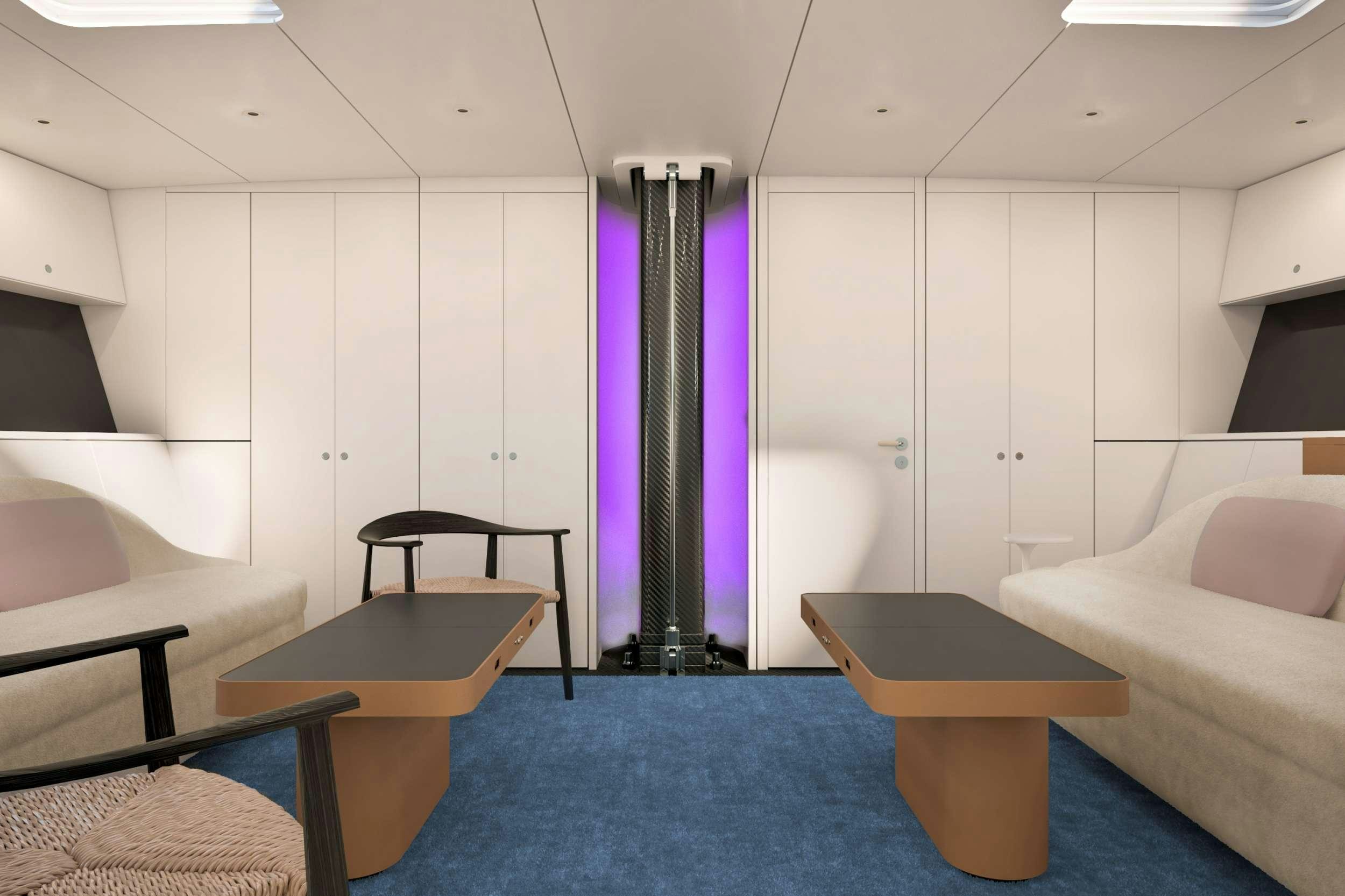 a room with a table and chairs aboard RUNNING ON FAITH Yacht for Charter