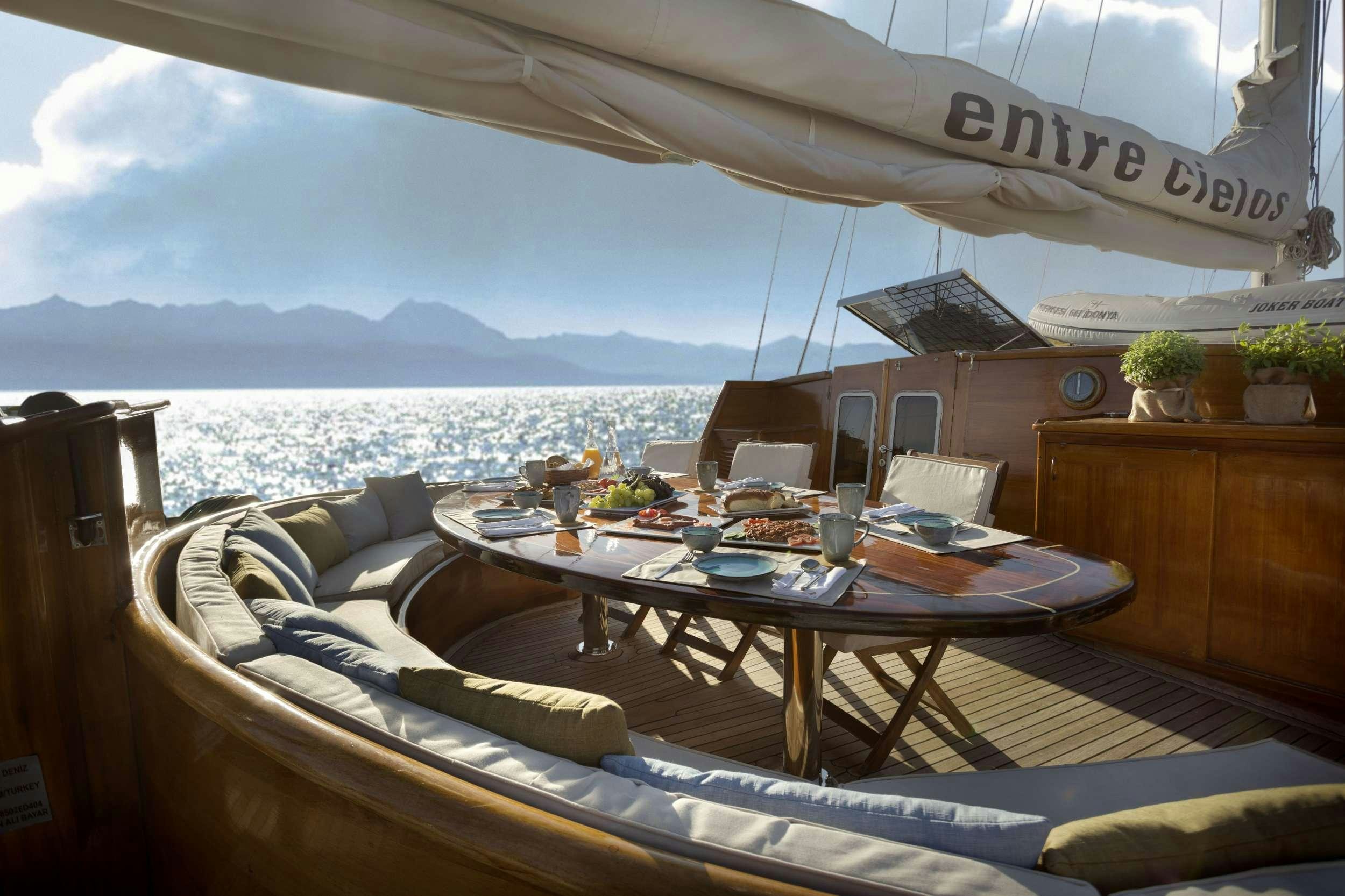 a room with a table and chairs aboard ENTRE CIELOS Yacht for Charter