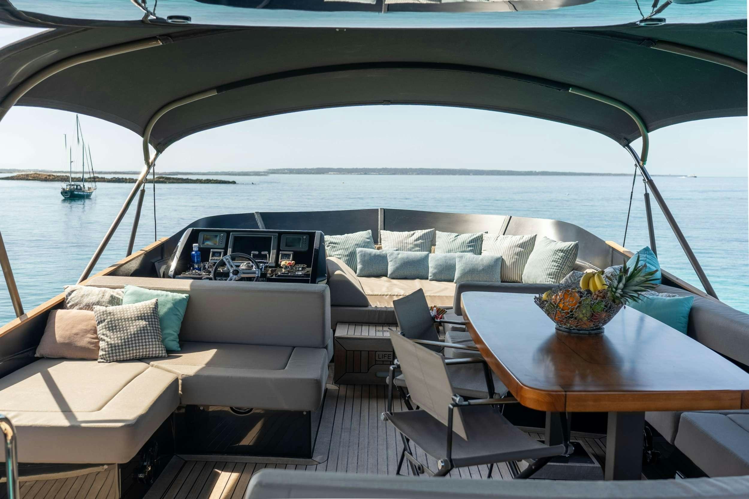 a boat with a table and chairs aboard AMMONITE Yacht for Charter