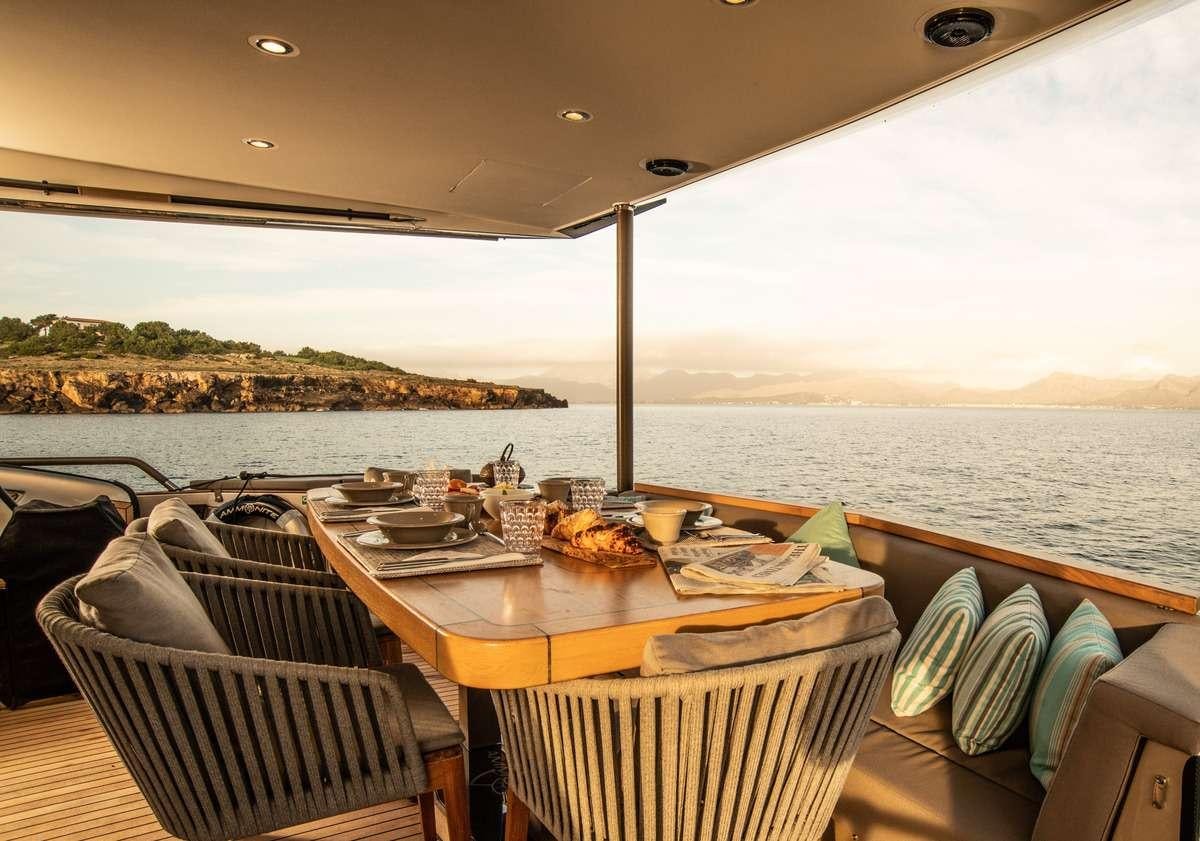 a table with food on it aboard AMMONITE Yacht for Charter