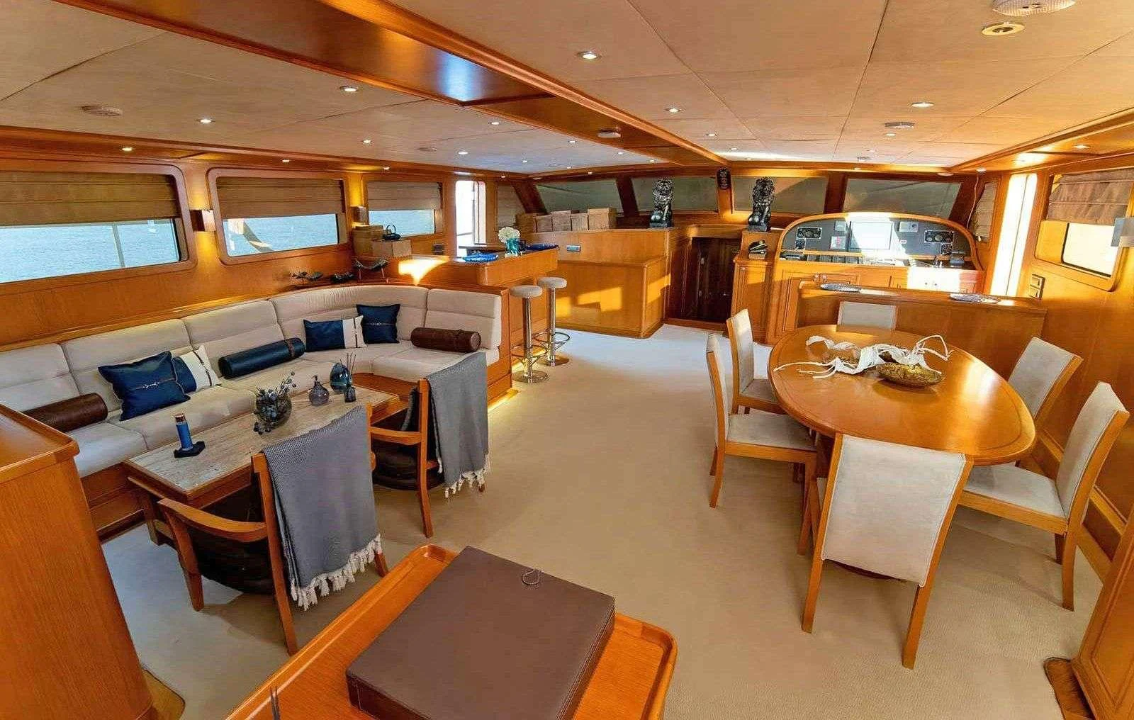 a room with tables and chairs aboard BABYLON Yacht for Charter